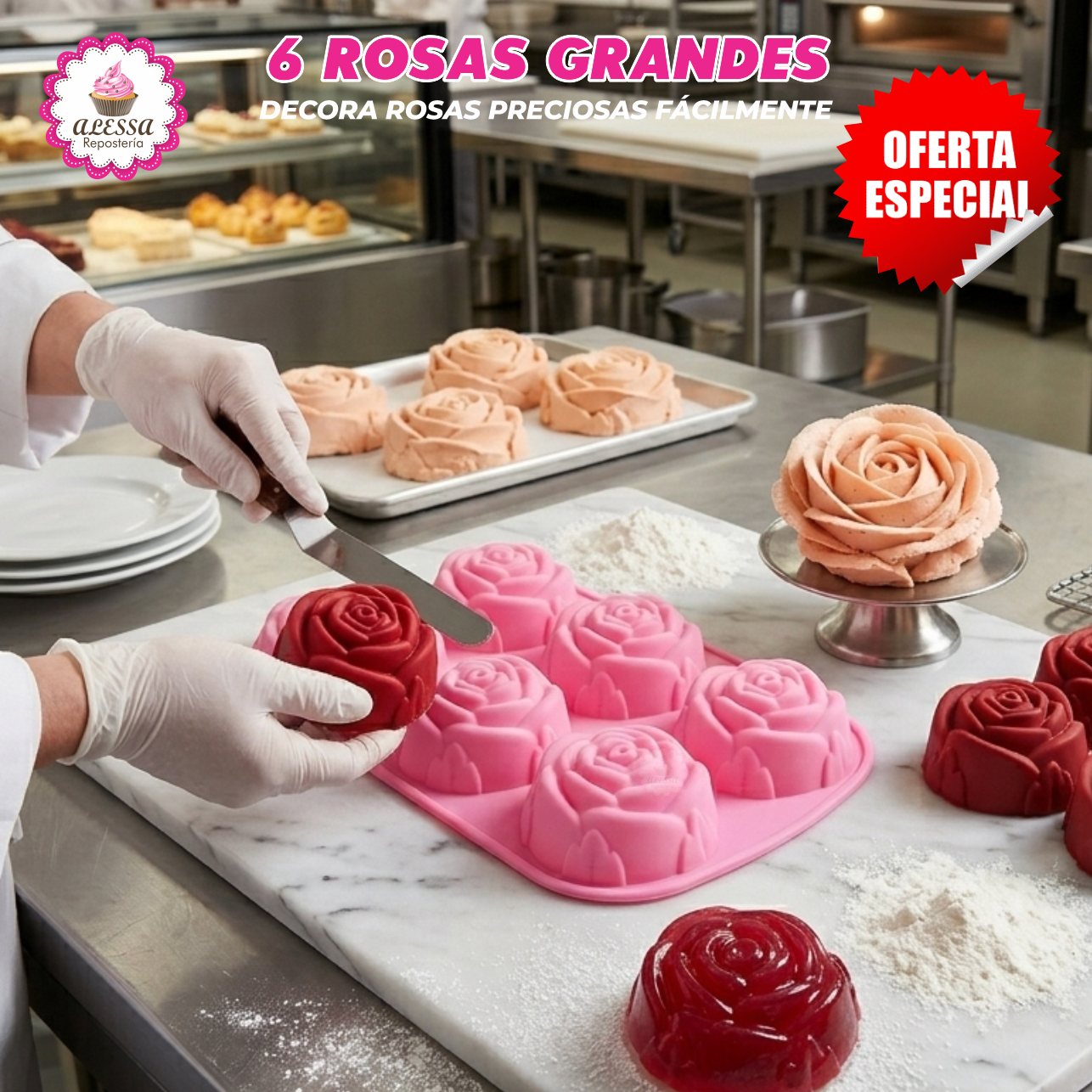 MOLDE DE SILICONA DE 6 ROSAS GRANDES PARA REPOSTERIA - 5