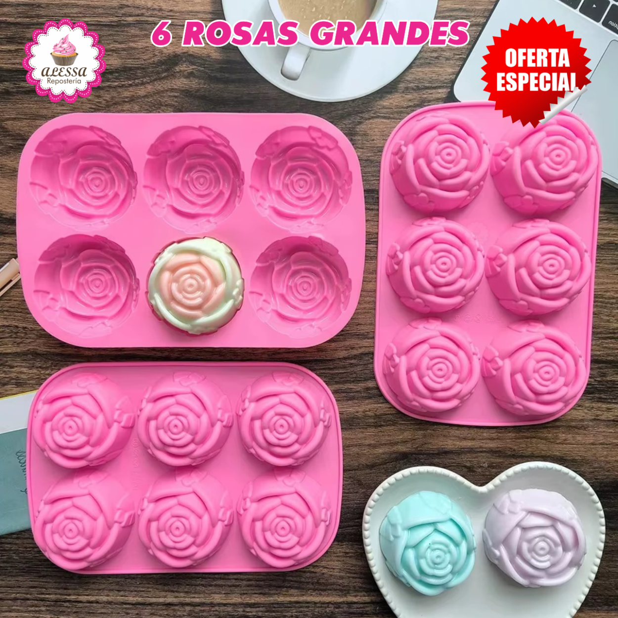 MOLDE DE SILICONA DE 6 ROSAS GRANDES PARA REPOSTERIA - 6