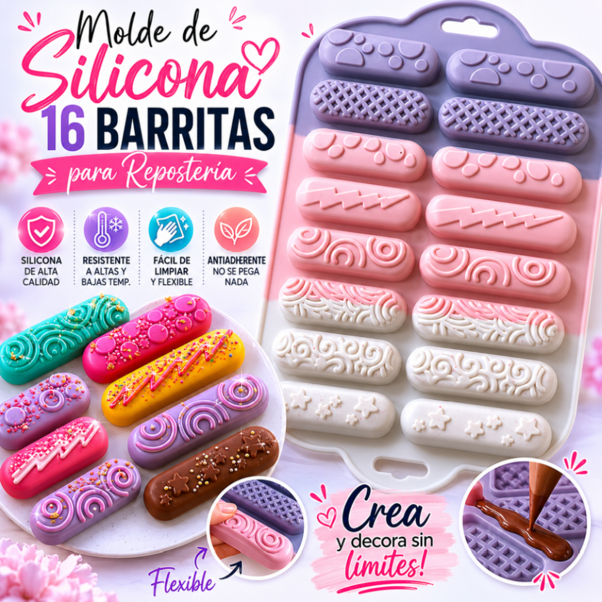 MOLDE DE SILICONA DE 16 BARRITAS PARA REPOSTERIA - 1