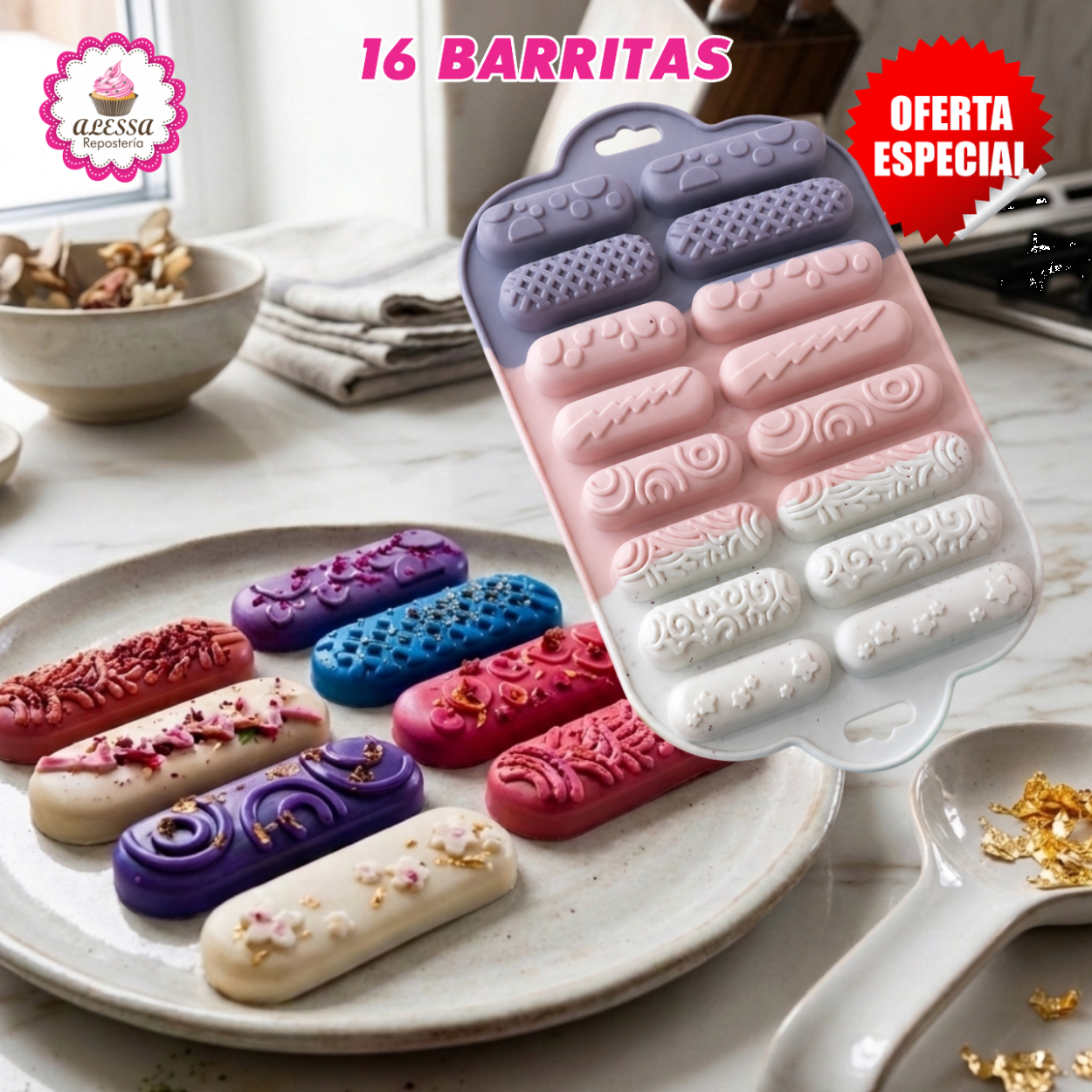 MOLDE DE SILICONA DE 16 BARRITAS PARA REPOSTERIA - 3
