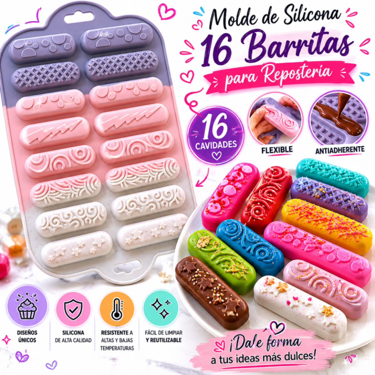MOLDE DE SILICONA DE 16 BARRITAS PARA REPOSTERIA - 4
