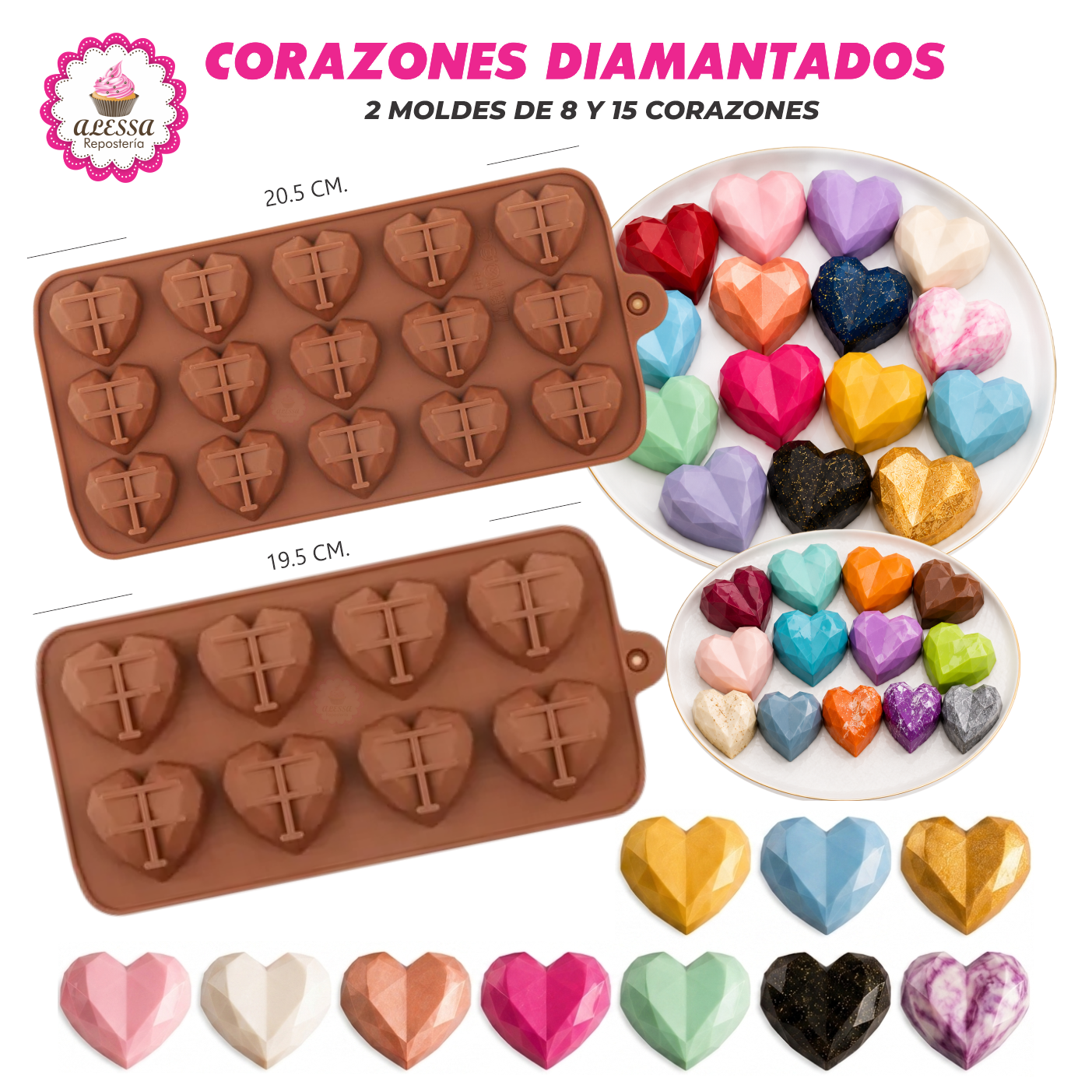 PACK DE 2 MOLDES DE SILICONA DE 15 Y 8 CORAZONES DIAMANTADOS PARA REPOSTERIA - 1