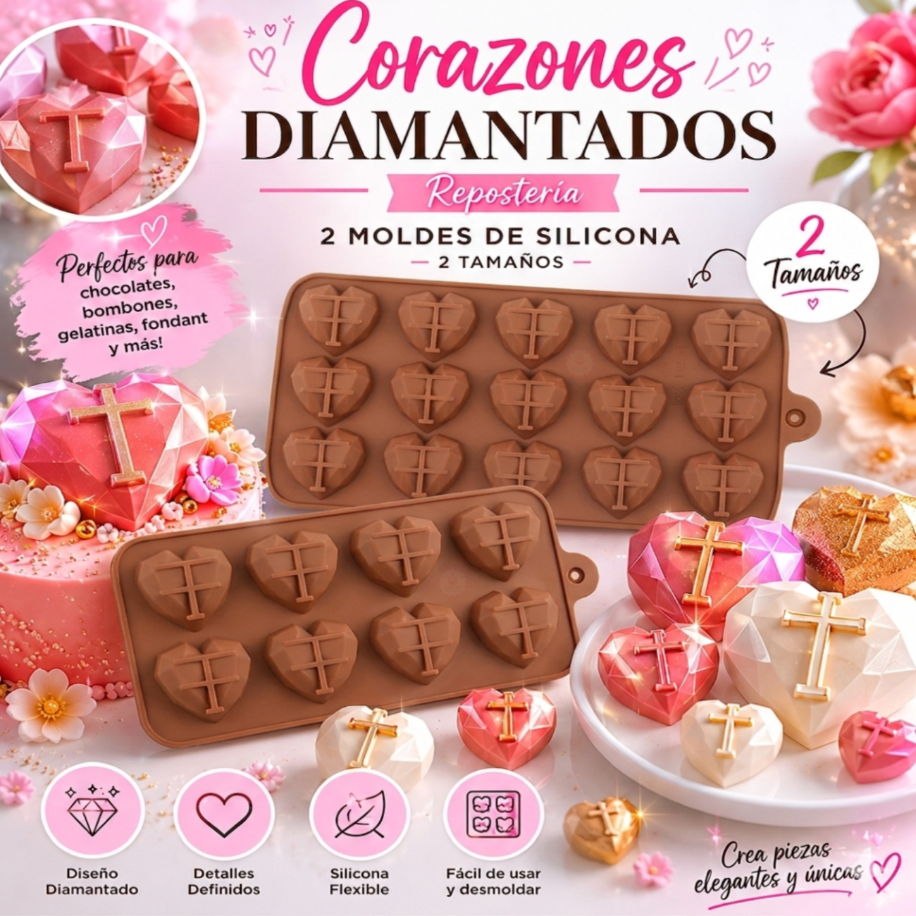 PACK DE 2 MOLDES DE SILICONA DE 15 Y 8 CORAZONES DIAMANTADOS PARA REPOSTERIA - 2