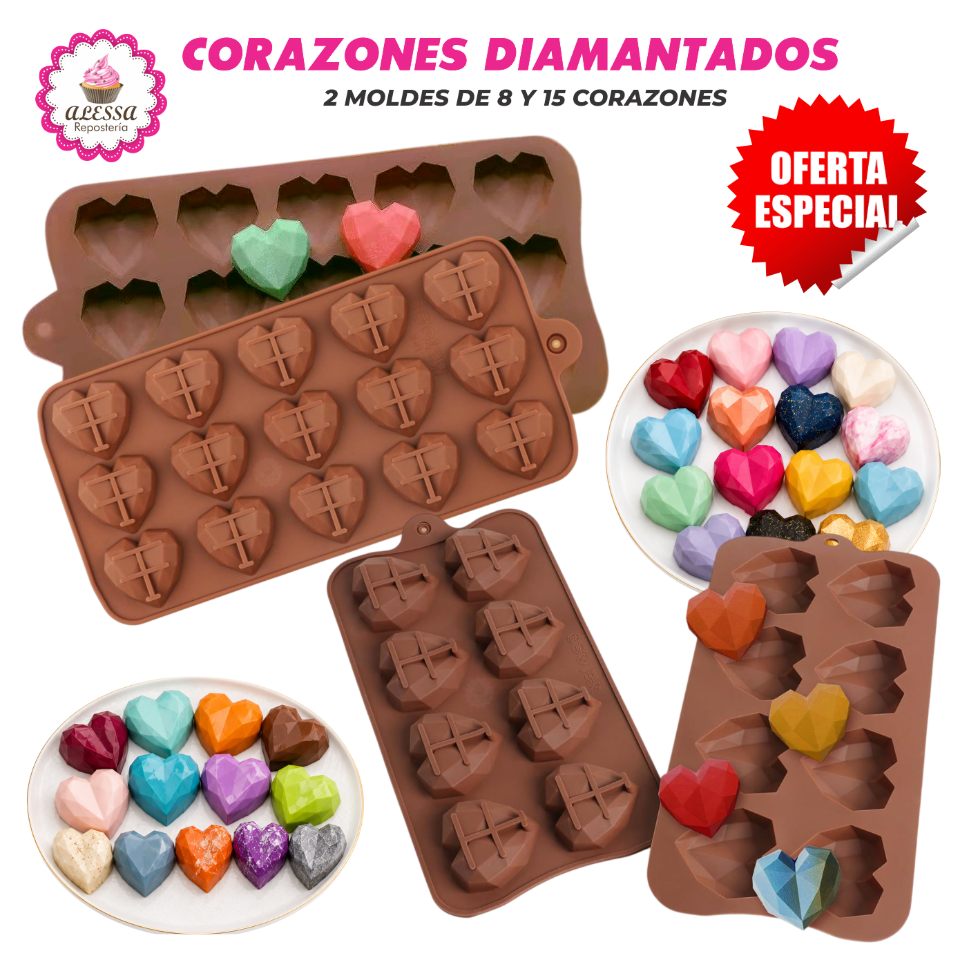 PACK DE 2 MOLDES DE SILICONA DE 15 Y 8 CORAZONES DIAMANTADOS PARA REPOSTERIA - 3