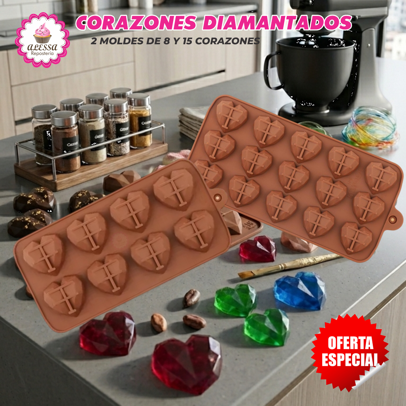 PACK DE 2 MOLDES DE SILICONA DE 15 Y 8 CORAZONES DIAMANTADOS PARA REPOSTERIA - 4