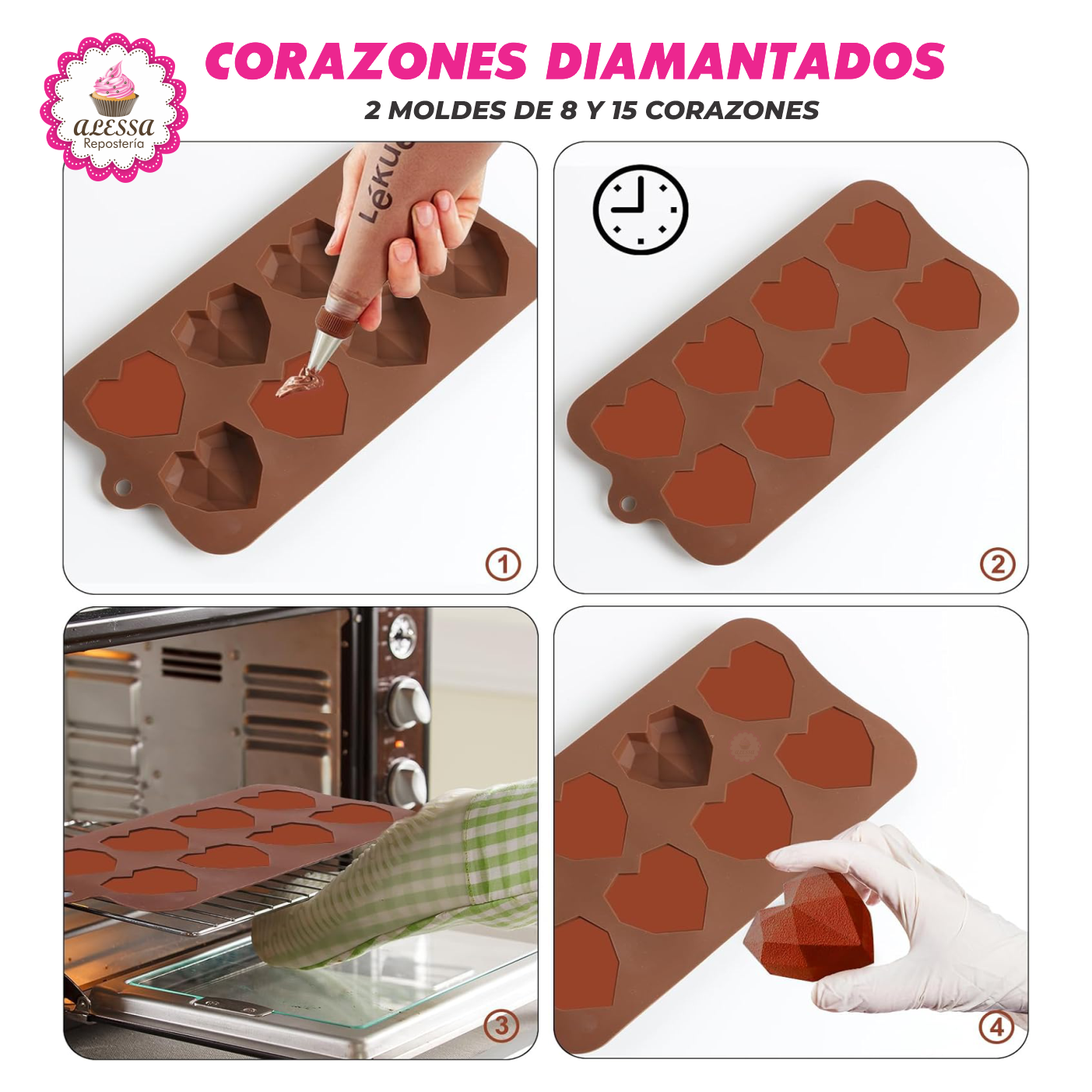 PACK DE 2 MOLDES DE SILICONA DE 15 Y 8 CORAZONES DIAMANTADOS PARA REPOSTERIA - 5