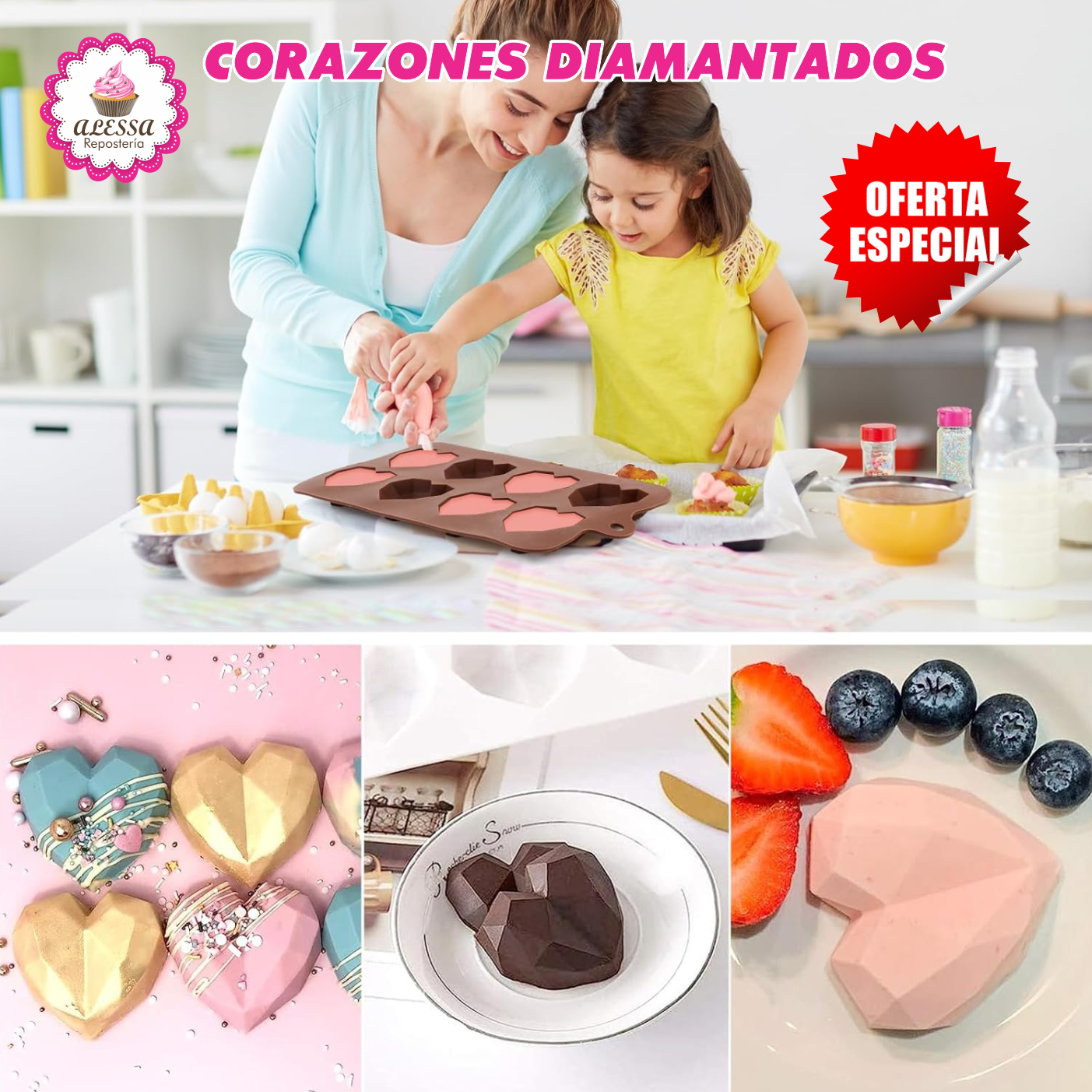 PACK DE 2 MOLDES DE SILICONA DE 15 Y 8 CORAZONES DIAMANTADOS PARA REPOSTERIA - 6