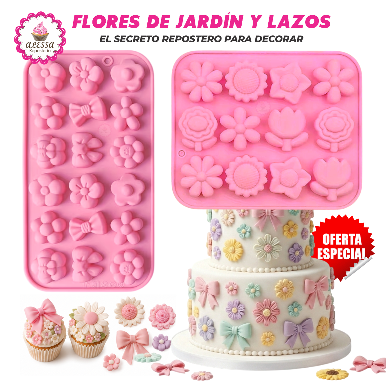 PACK DE 2 MOLDES DE SILICONA DE FLORES DE JARDIN Y LAZOS PARA REPOSTERIA - 1