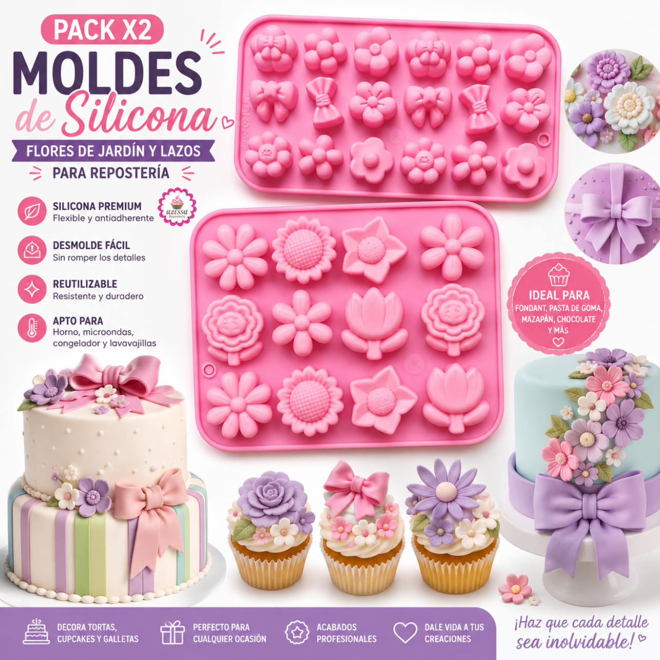 PACK DE 2 MOLDES DE SILICONA DE FLORES DE JARDIN Y LAZOS PARA REPOSTERIA - 2