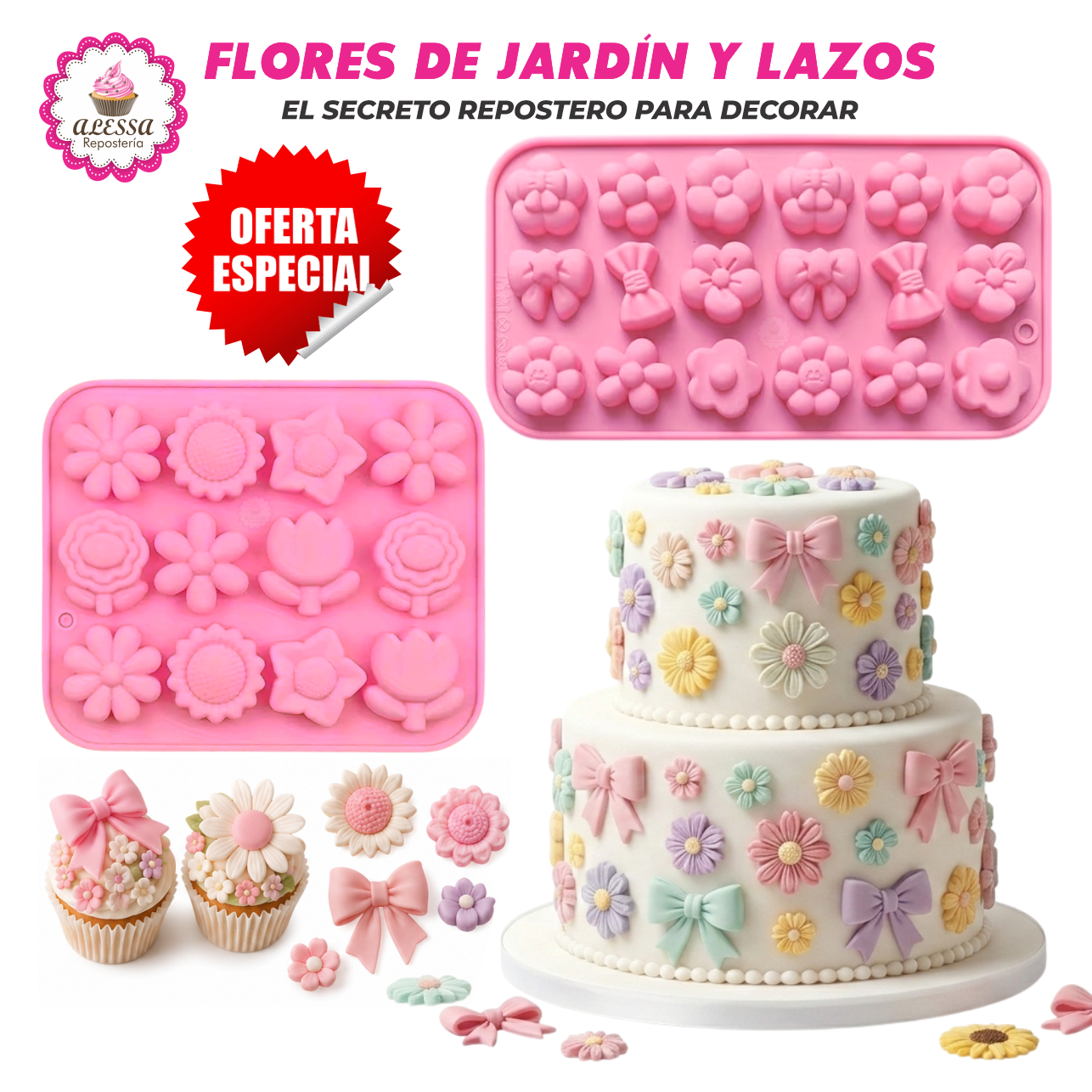 PACK DE 2 MOLDES DE SILICONA DE FLORES DE JARDIN Y LAZOS PARA REPOSTERIA - 3