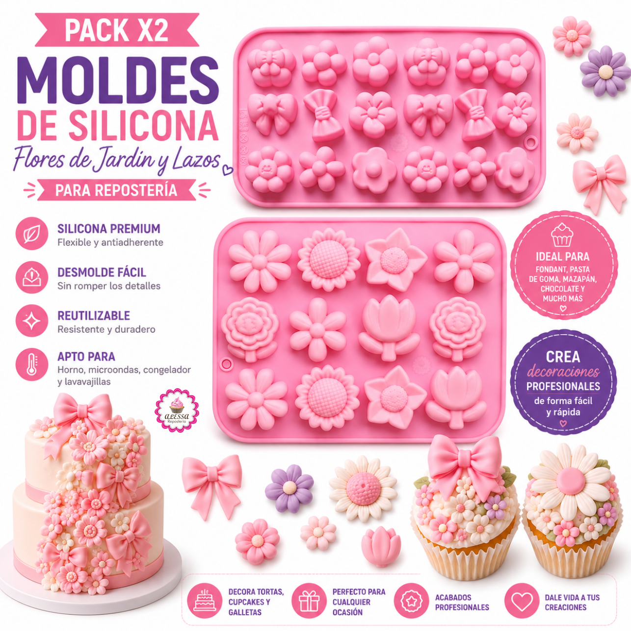 PACK DE 2 MOLDES DE SILICONA DE FLORES DE JARDIN Y LAZOS PARA REPOSTERIA - 4