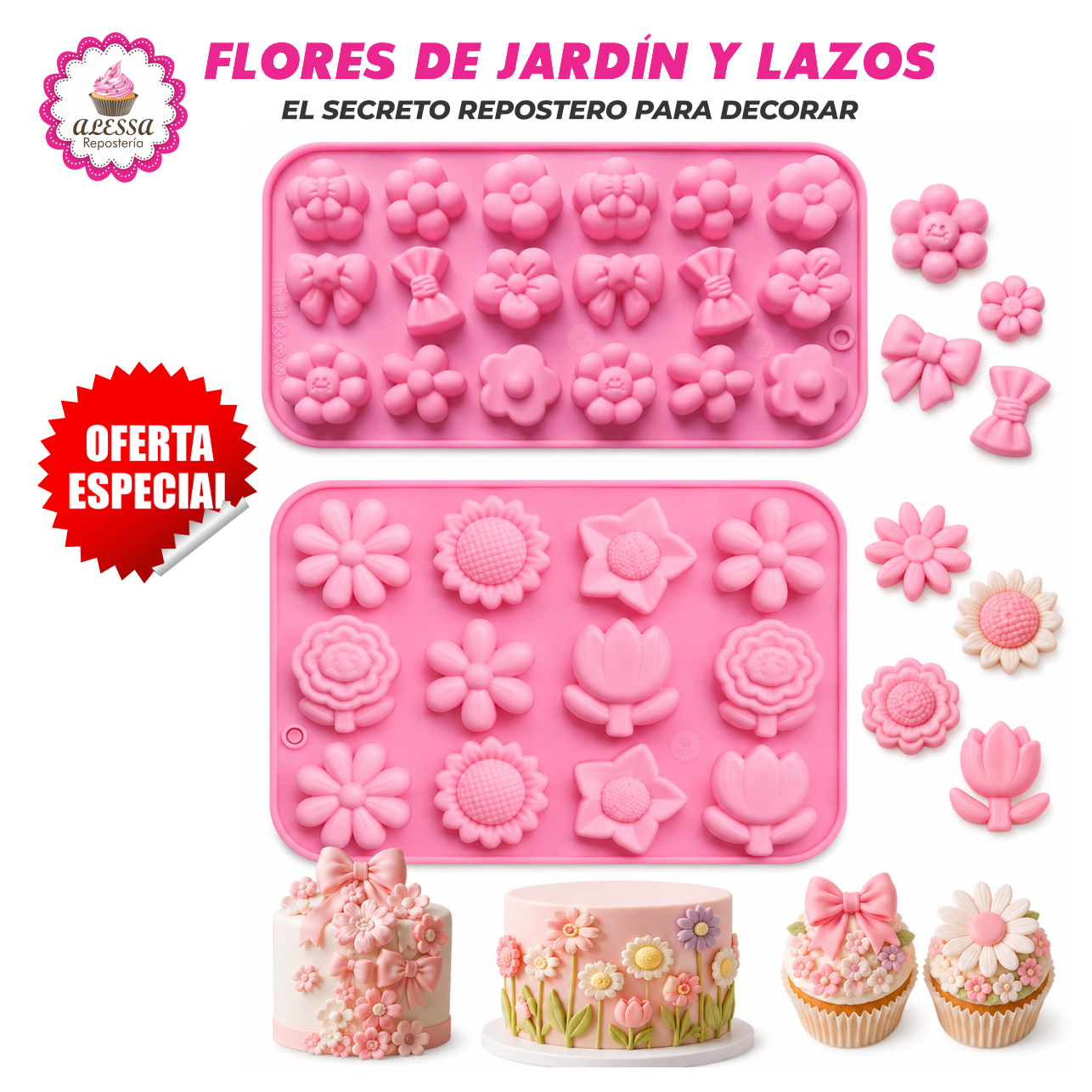 PACK DE 2 MOLDES DE SILICONA DE FLORES DE JARDIN Y LAZOS PARA REPOSTERIA - 5