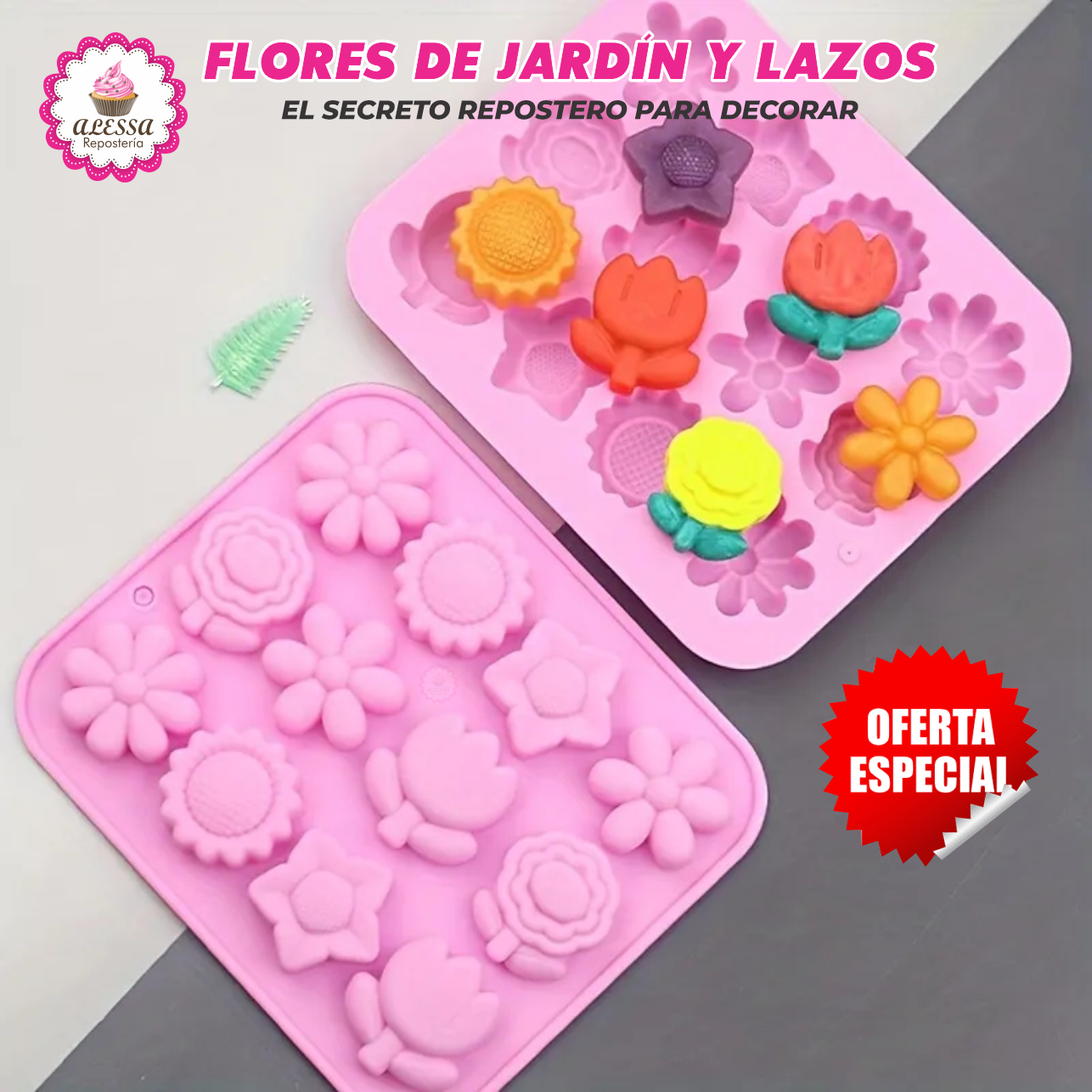 PACK DE 2 MOLDES DE SILICONA DE FLORES DE JARDIN Y LAZOS PARA REPOSTERIA - 6