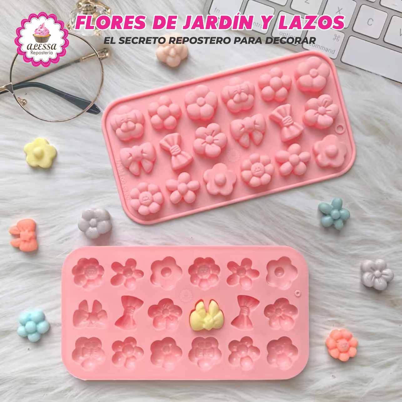 PACK DE 2 MOLDES DE SILICONA DE FLORES DE JARDIN Y LAZOS PARA REPOSTERIA - 7