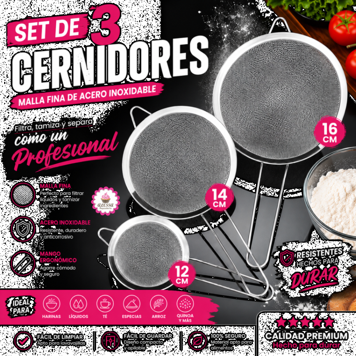 PACK DE 3 CERNIDORES DE ACERO INÓXIDABLE PARA REPOSTERÍA - 2