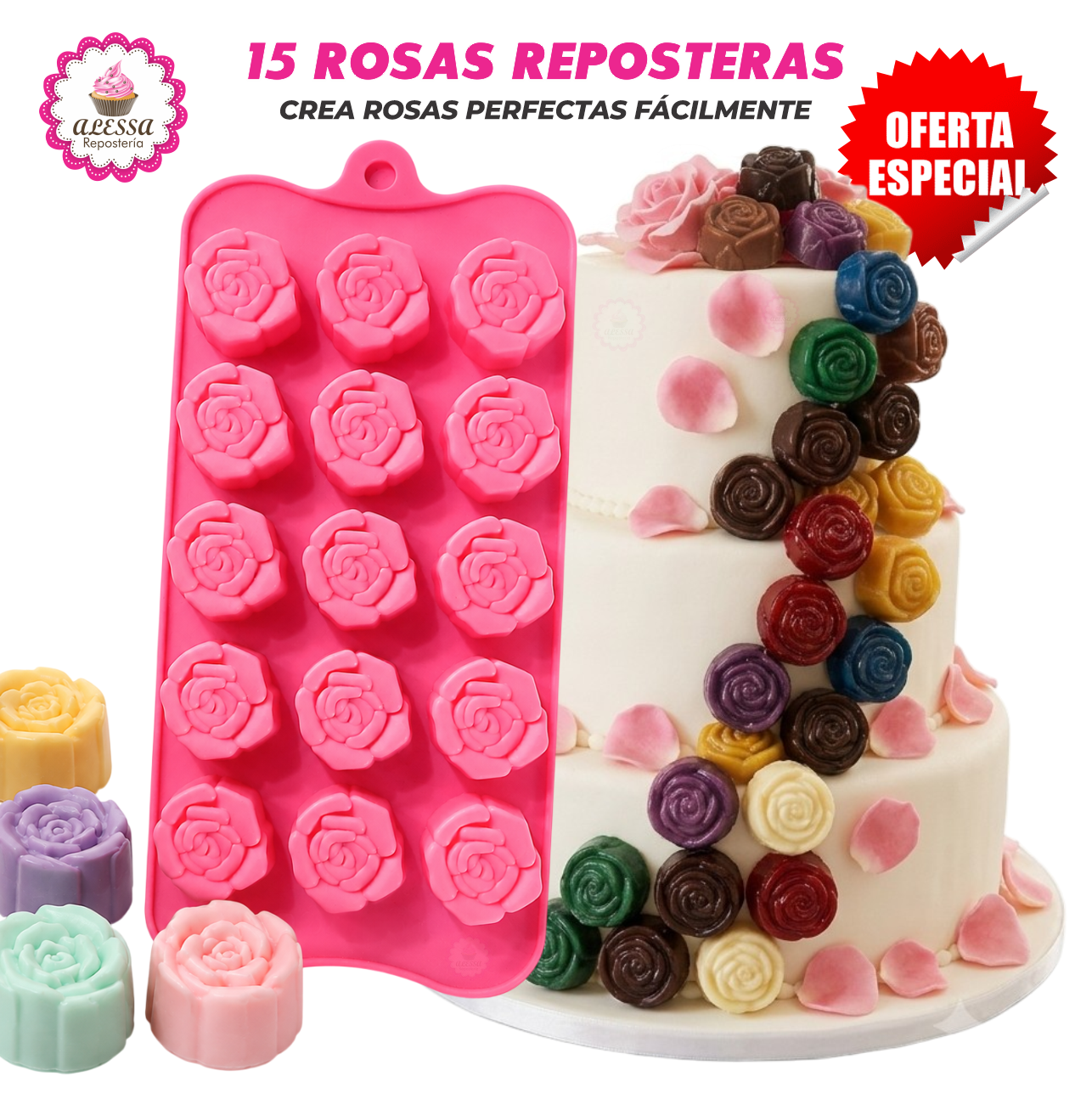 MOLDE DE SILICONA DE 15 ROSAS PARA REPOSTERIA - 1
