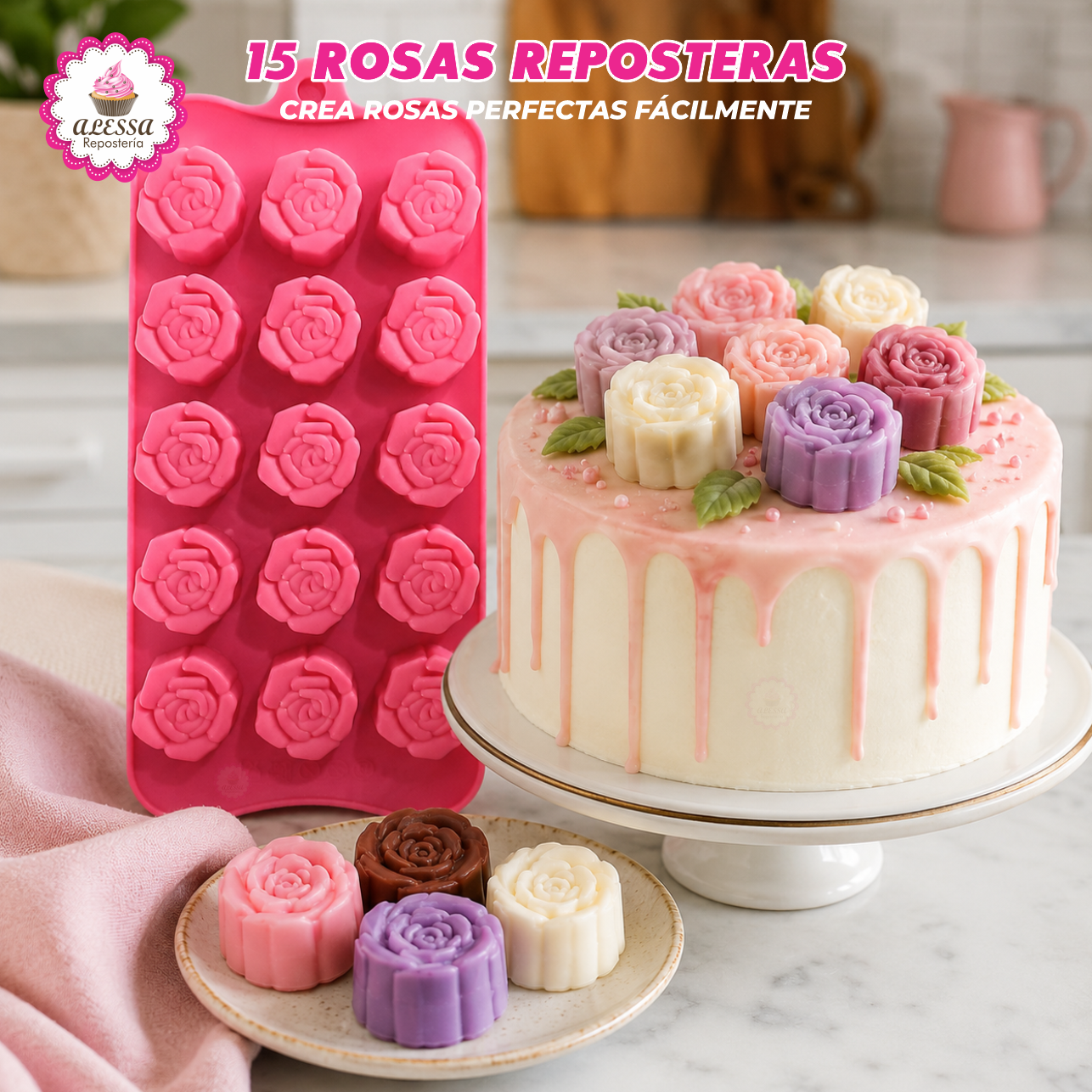 MOLDE DE SILICONA DE 15 ROSAS PARA REPOSTERIA - 3