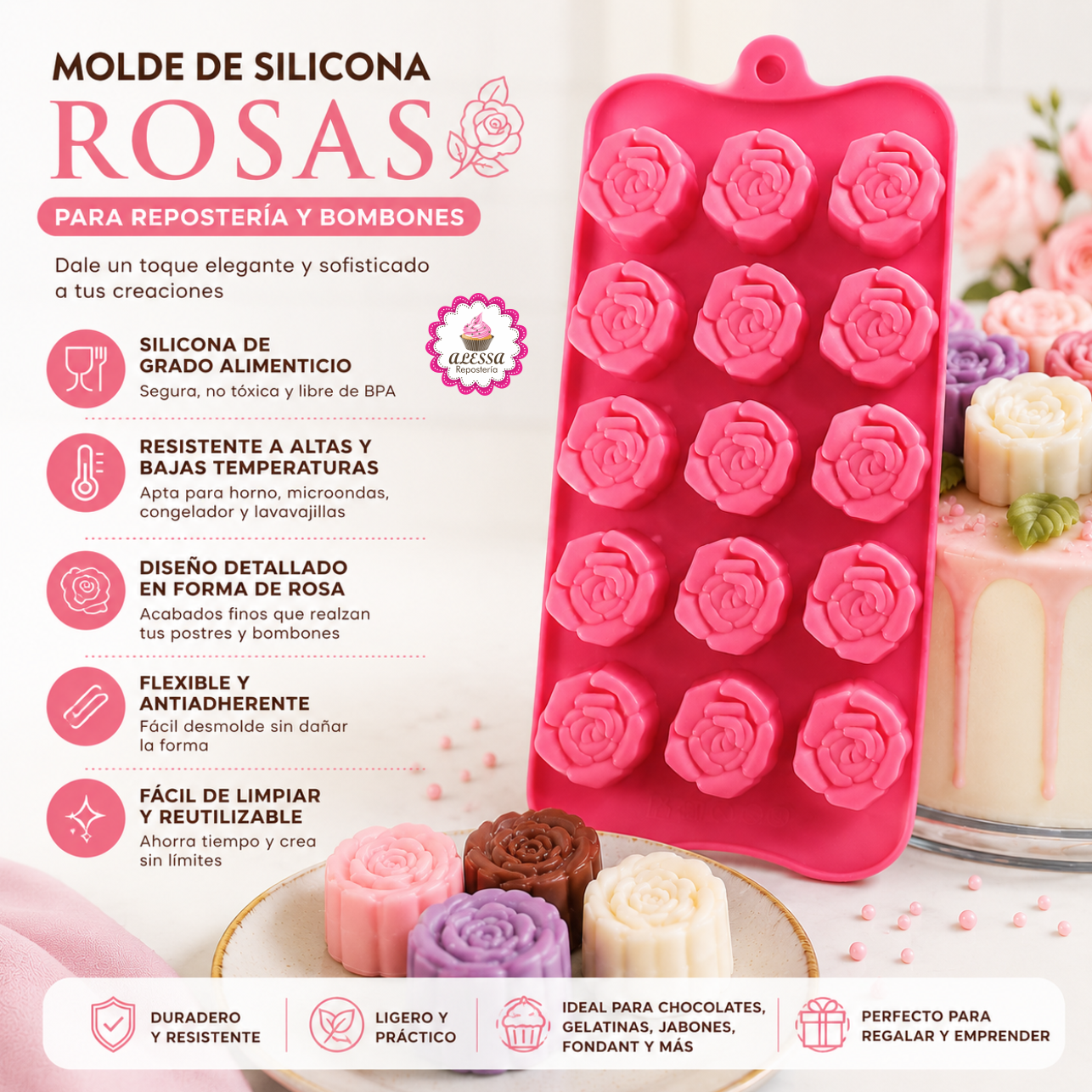 MOLDE DE SILICONA DE 15 ROSAS PARA REPOSTERIA - 4