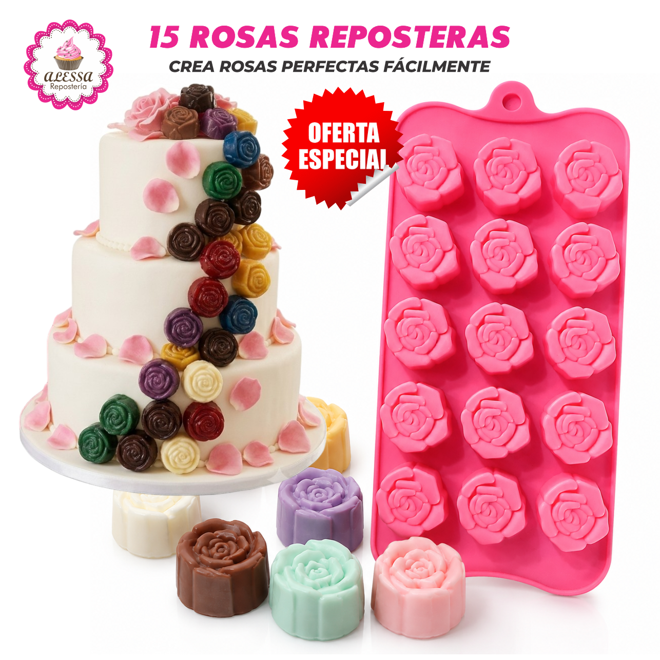 MOLDE DE SILICONA DE 15 ROSAS PARA REPOSTERIA - 7