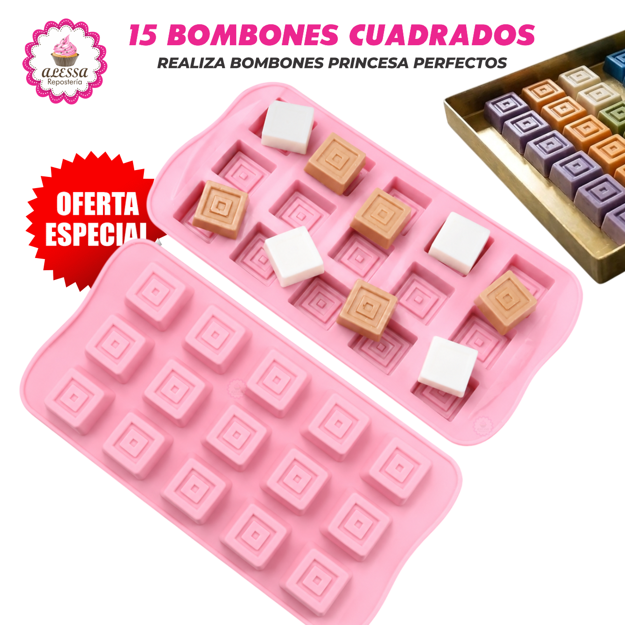 MOLDE DE SILICONA DE 15 BOMBONES CUADRADOS PRINCESA PARA REPOSTERIA - 1