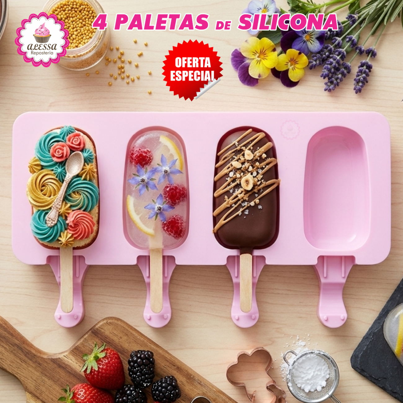 MOLDE DE SILICONA DE 4 PALETAS PARA REPOSTERIA - 2