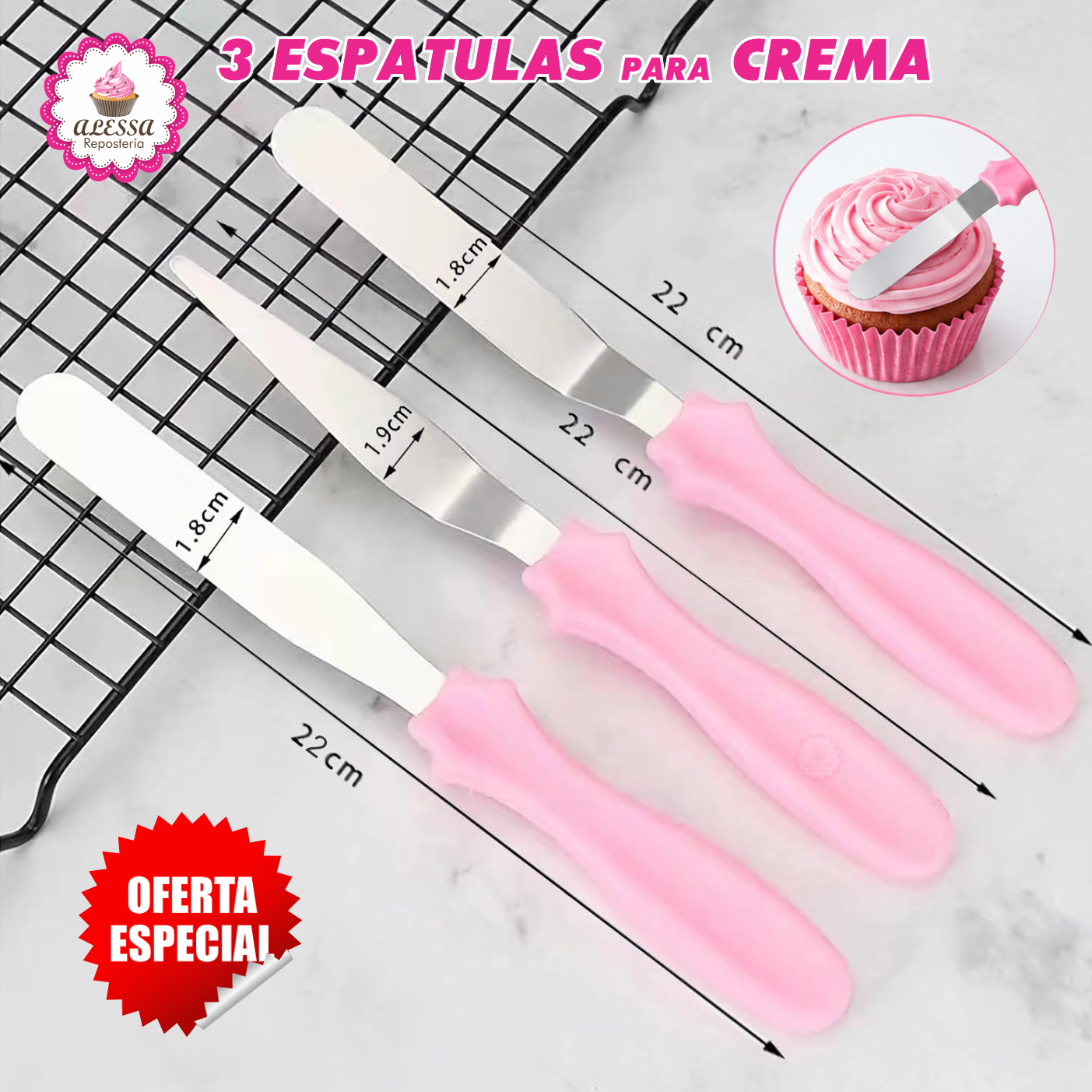 SET DE 3 ESPATULAS DE ACERO INOXIDABLE PARA CREMAS PARA REPOSTERIA - 3