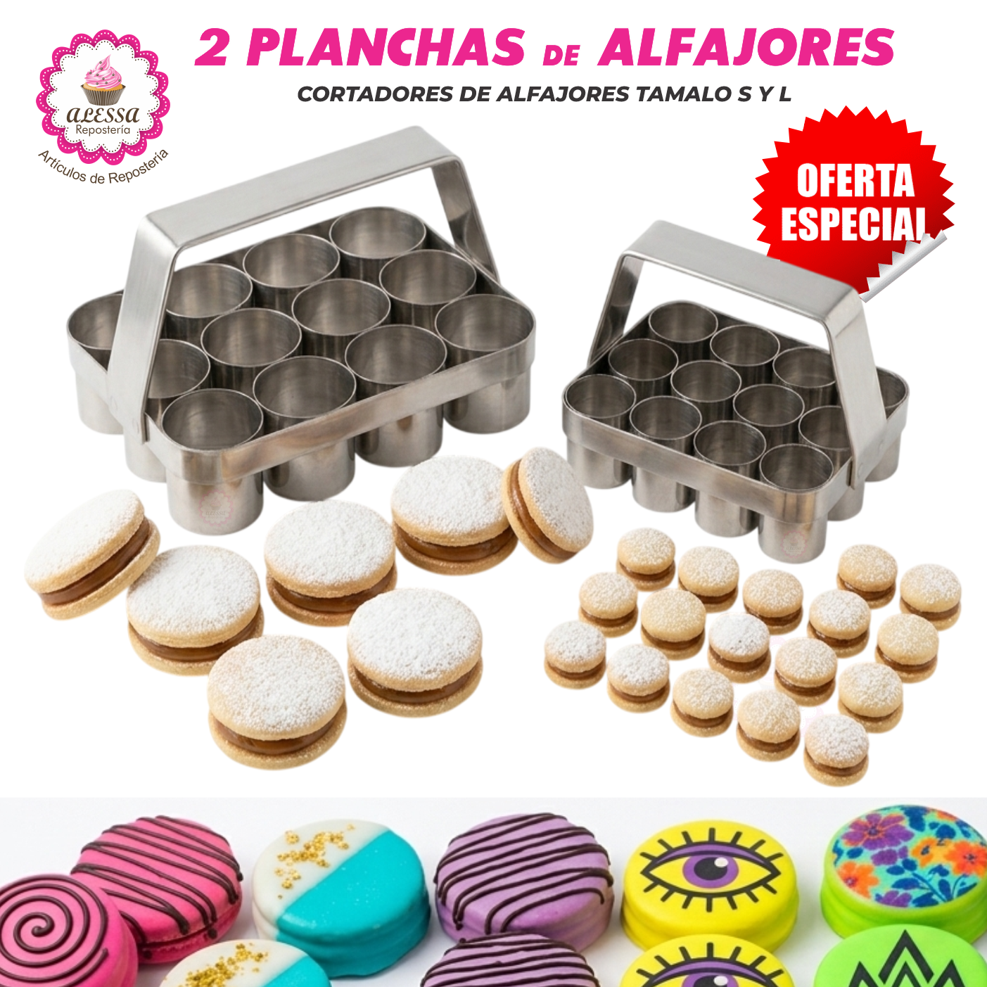 PACK DE 2 PLANCHAS CORTADOR DE ALFAJORES DE ACERO TAMAÑO S Y L PARA REPOSTERIA - 1