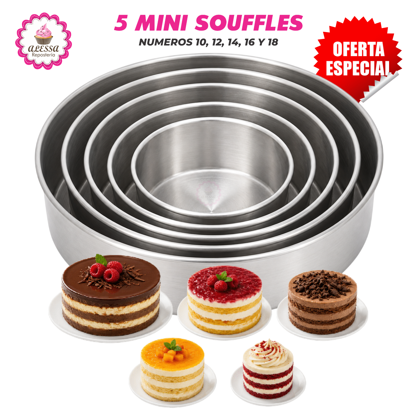 SET DE 5 MOLDES DE MINI SOUFFLE O SUFLE DEL N°10 AL 18 CM. PARA REPOSTERIA - 1