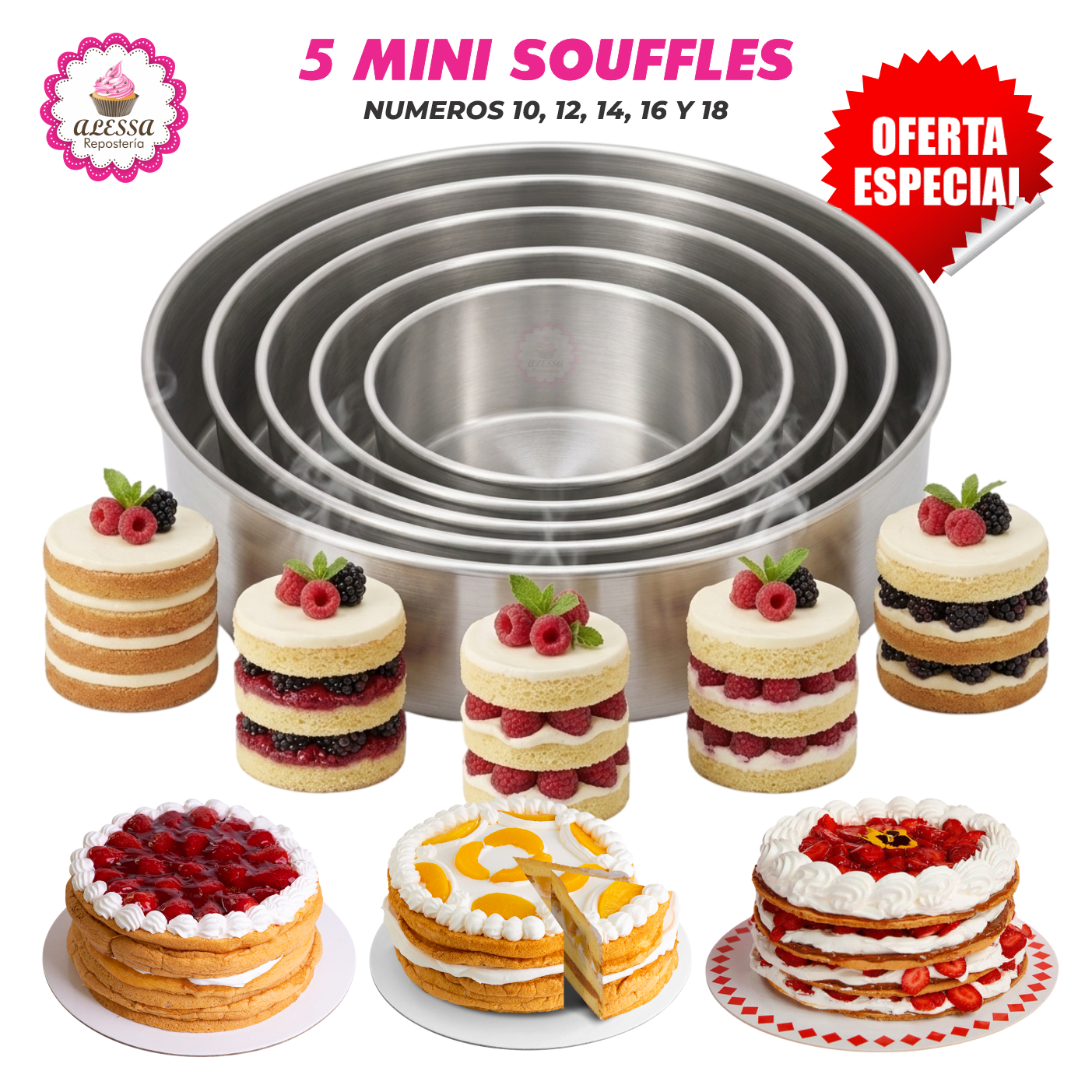 SET DE 5 MOLDES DE MINI SOUFFLE O SUFLE DEL N°10 AL 18 CM. PARA REPOSTERIA - 2