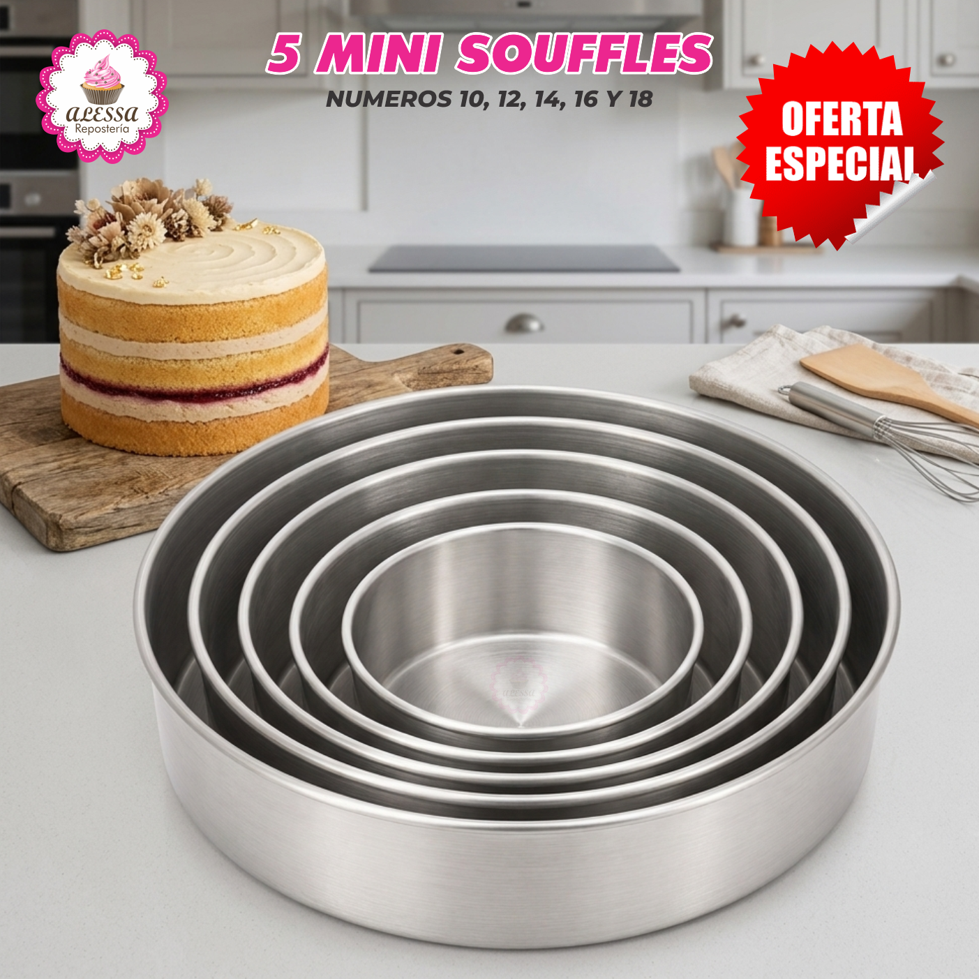 SET DE 5 MOLDES DE MINI SOUFFLE O SUFLE DEL N°10 AL 18 CM. PARA REPOSTERIA - 4