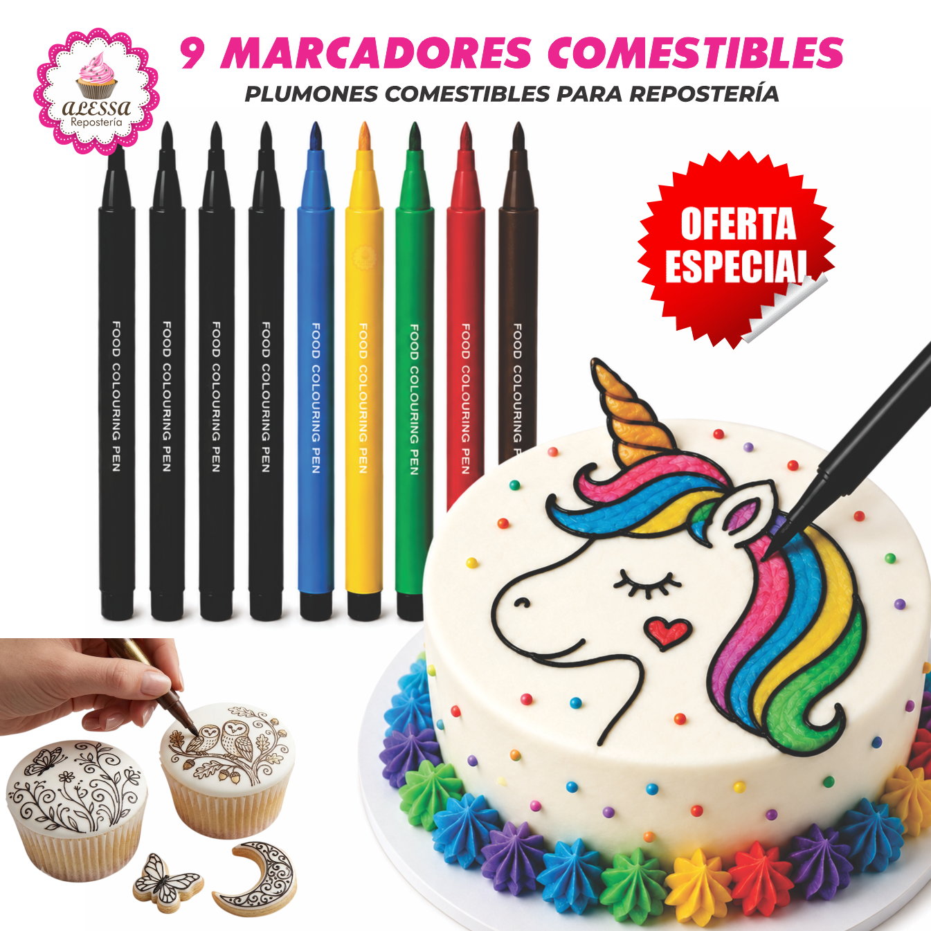 SET DE 9 MARCADORES DE TINTA COMESTIBLE PARA DECORACION EN REPOSTERIA - 1