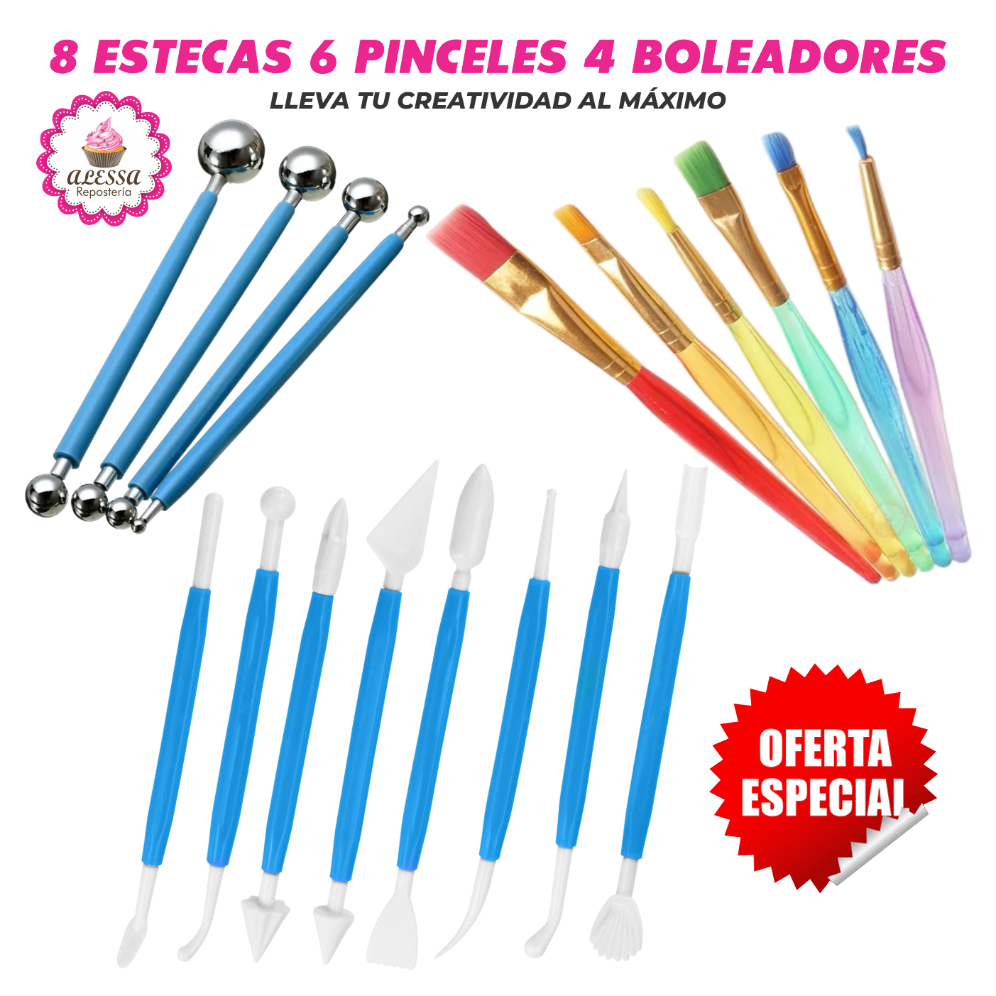 SET DE 8 ESTECAS, 6 PINCELES Y 4 BOLEADORES PARA DECORACION EN REPOSTERIA - 1