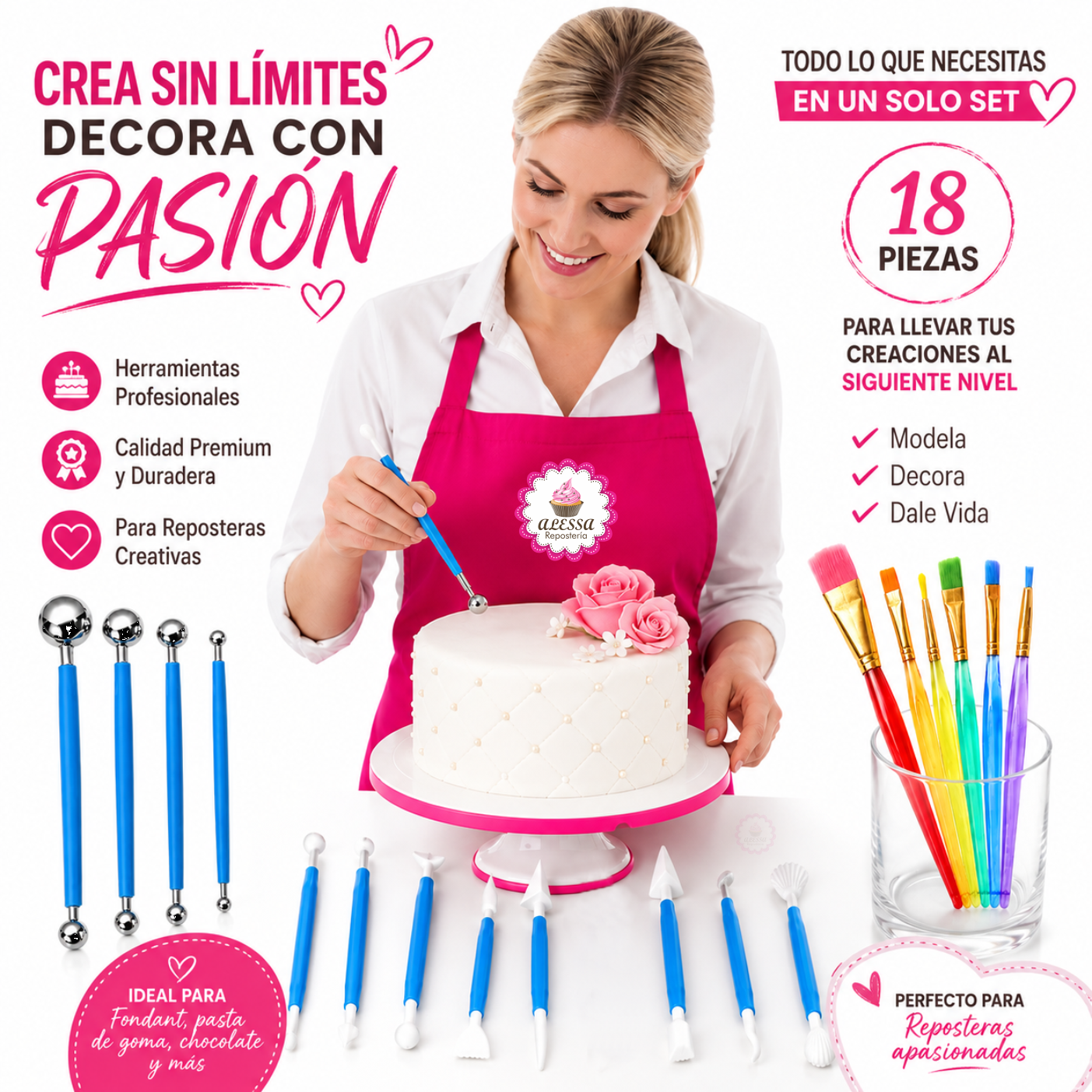 SET DE 8 ESTECAS, 6 PINCELES Y 4 BOLEADORES PARA DECORACION EN REPOSTERIA - 2