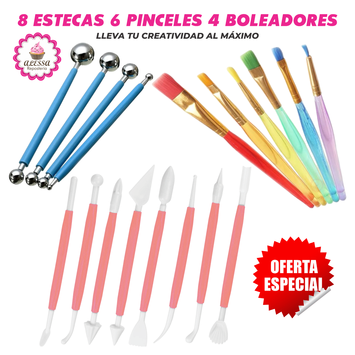 SET DE 8 ESTECAS, 6 PINCELES Y 4 BOLEADORES PARA DECORACION EN REPOSTERIA - 3