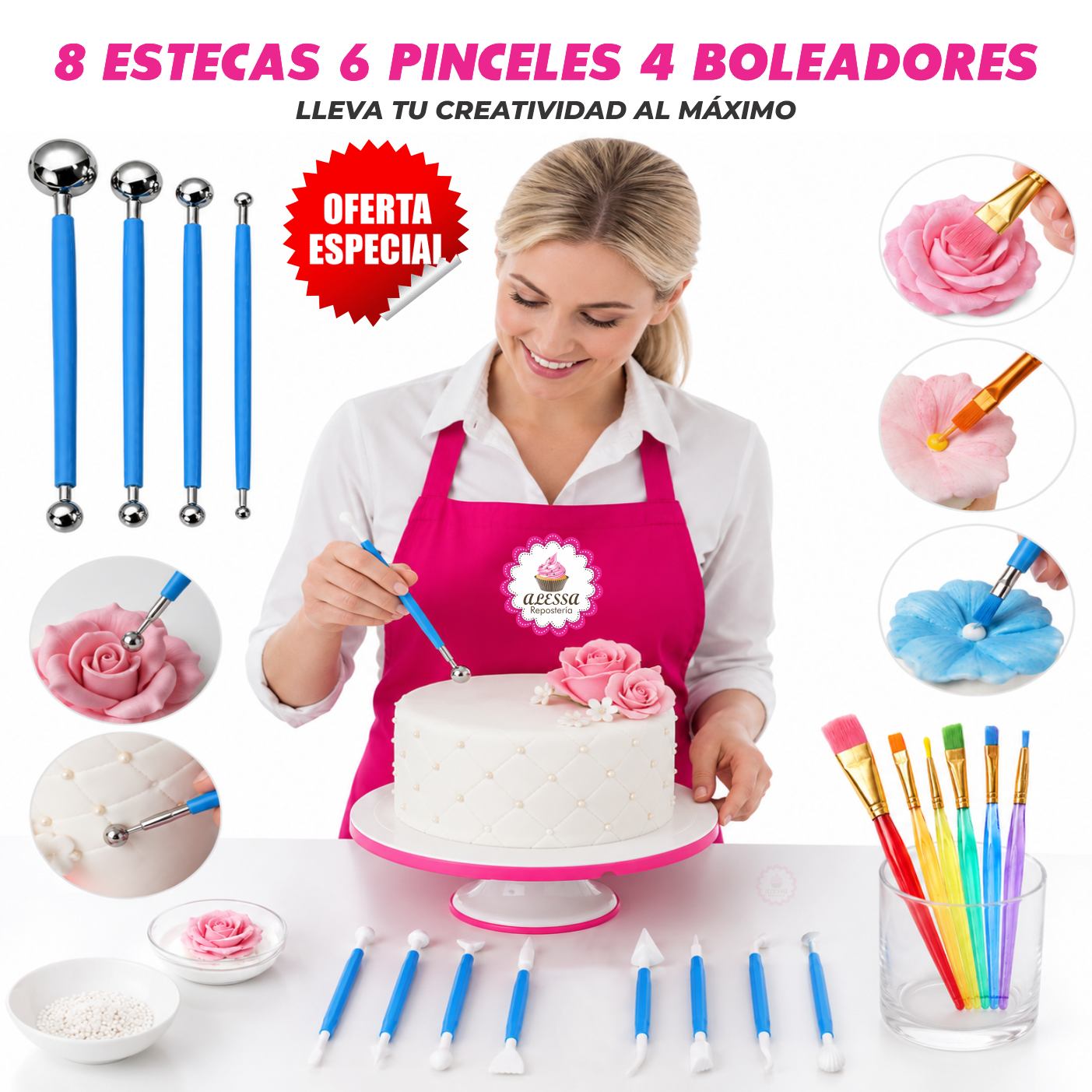 SET DE 8 ESTECAS, 6 PINCELES Y 4 BOLEADORES PARA DECORACION EN REPOSTERIA - 4