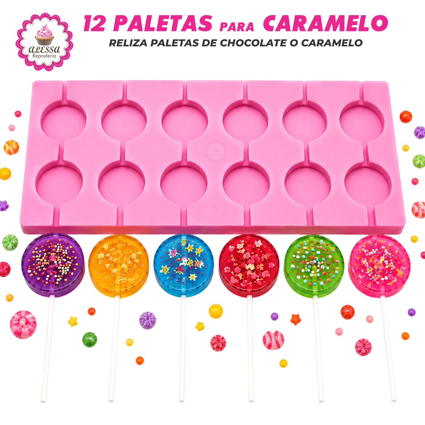 MOLDE DE SILICONA DE 12 PALETAS PARA CARAMELO O CHOCOLATE PARA REPOSTERIA - 1