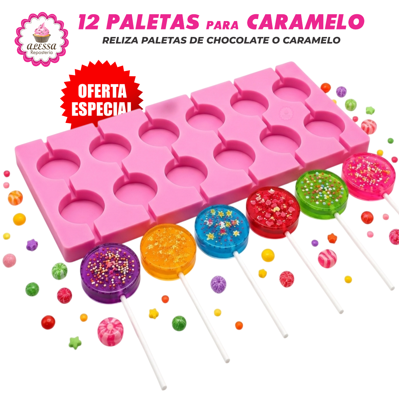 MOLDE DE SILICONA DE 12 PALETAS PARA CARAMELO O CHOCOLATE PARA REPOSTERIA - 2