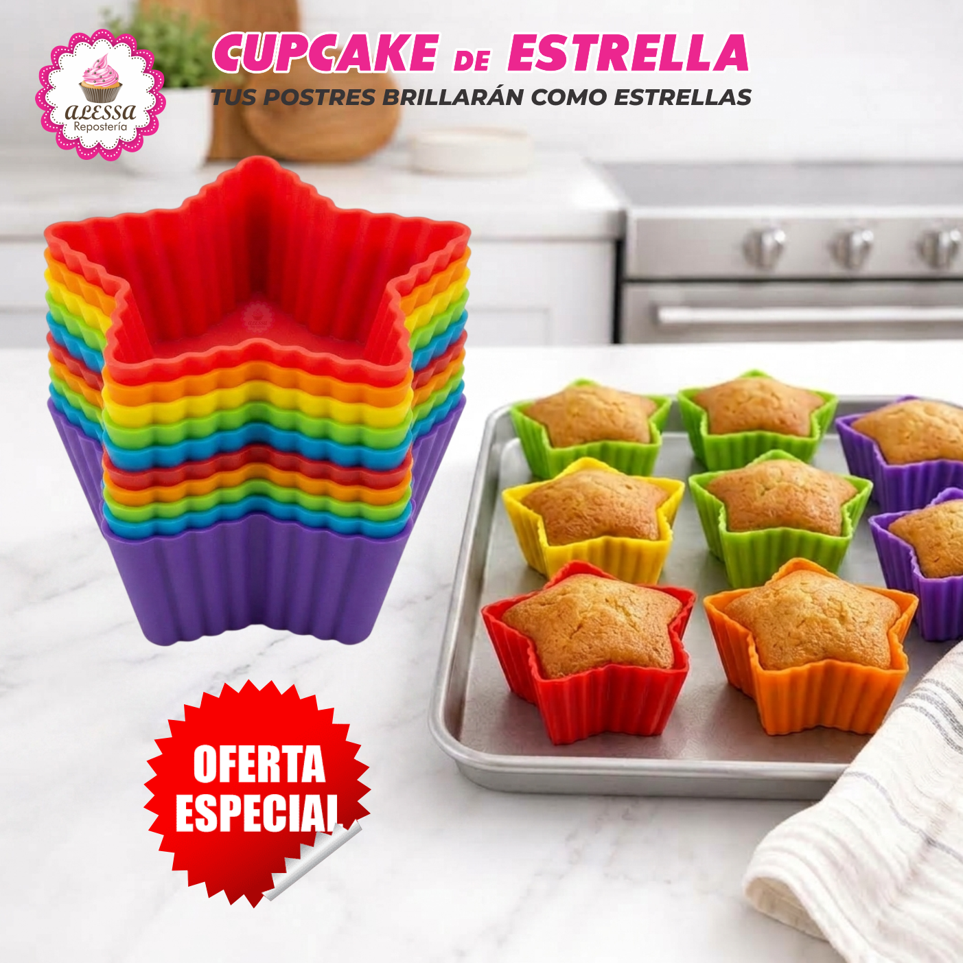 24 MOLDES DE CUPCAKE ESTRELLA DE SILICONA ANTIADHERENTES Y REUTILIZABLES - 4