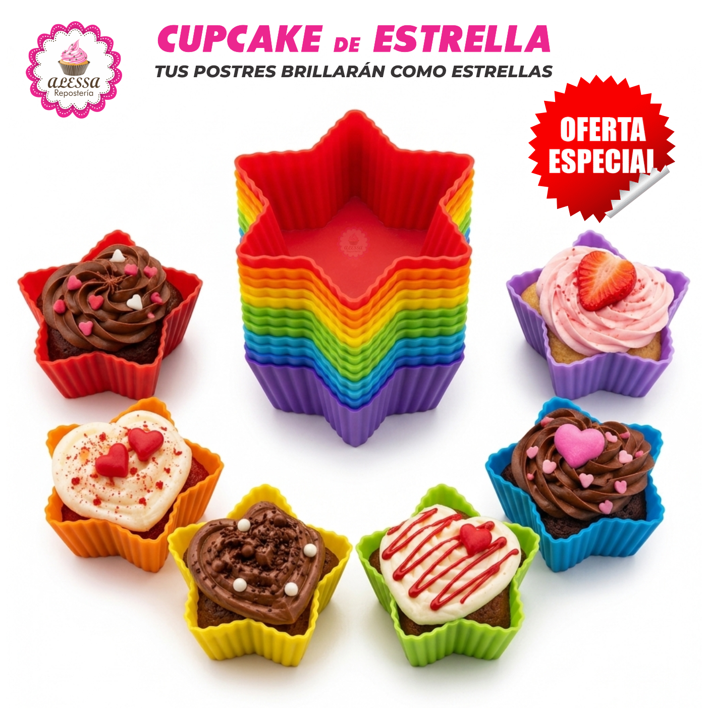 24 MOLDES DE CUPCAKE ESTRELLA DE SILICONA ANTIADHERENTES Y REUTILIZABLES - 6