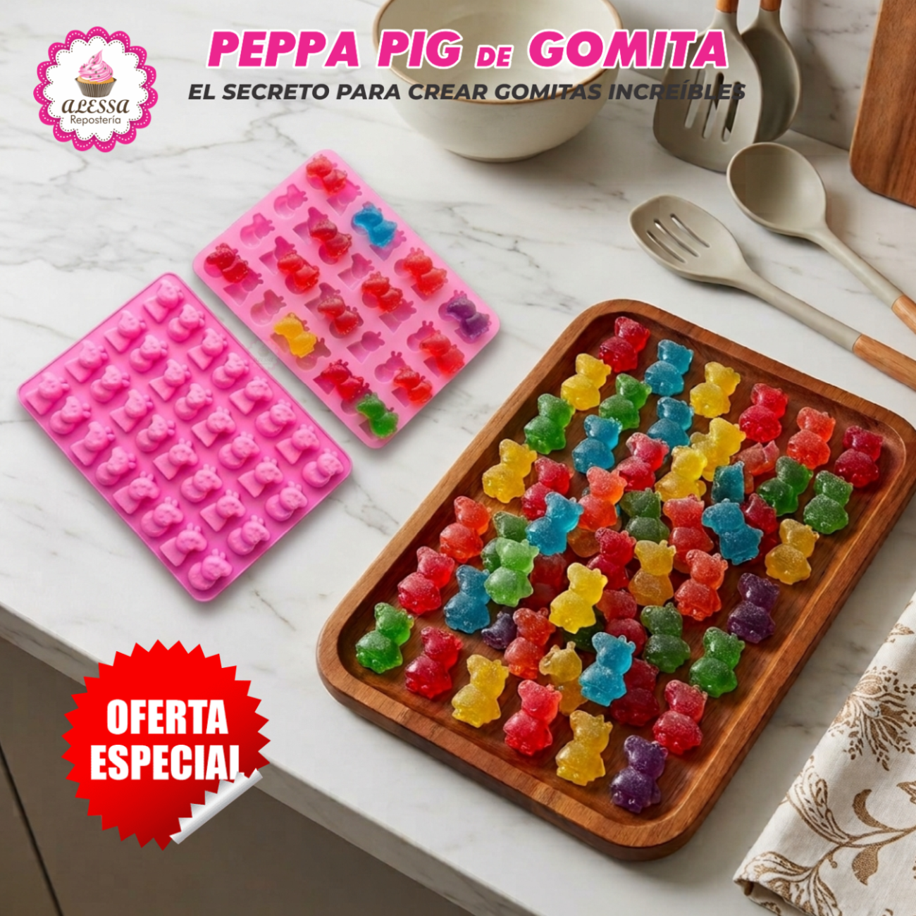MOLDE DE 32 GOMITAS DE PEPPA PIG DE SILICONA PARA REPOSTERIA - 4