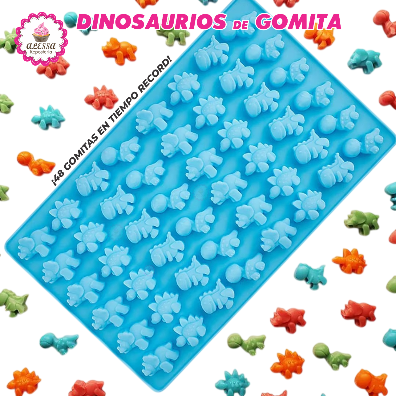 MOLDE DE 48 GOMITAS DE DINOSAURIOS DE SILICONA PARA REPOSTERIA - 1