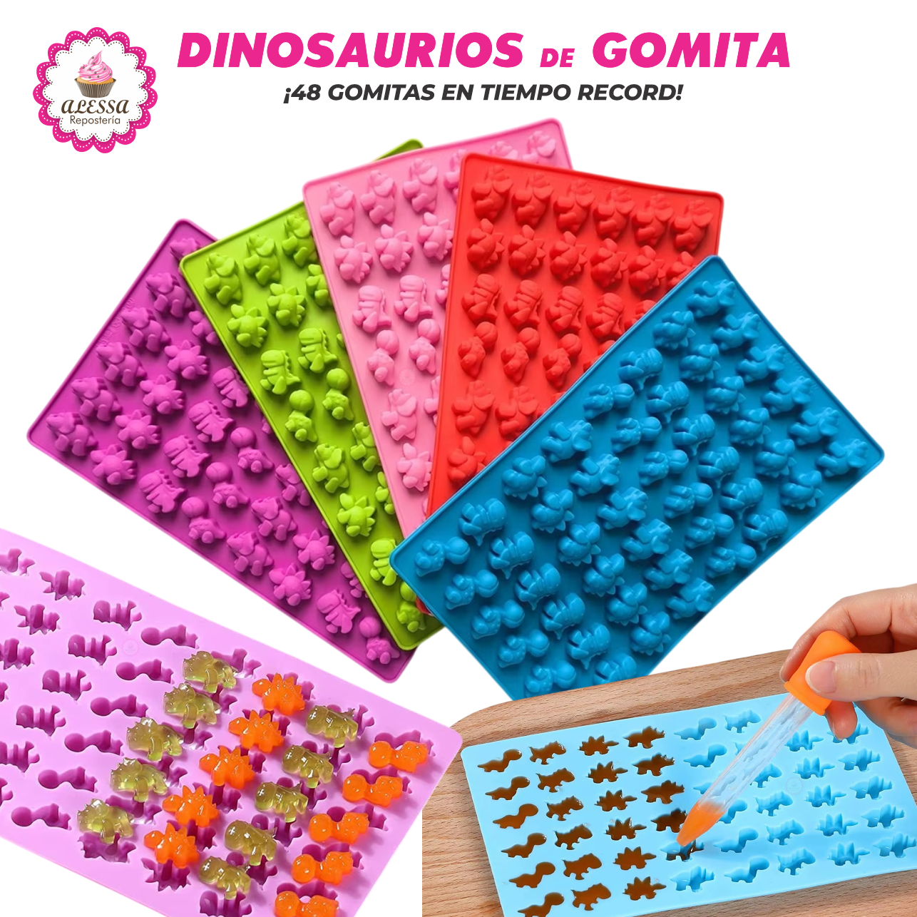 MOLDE DE 48 GOMITAS DE DINOSAURIOS DE SILICONA PARA REPOSTERIA - 2