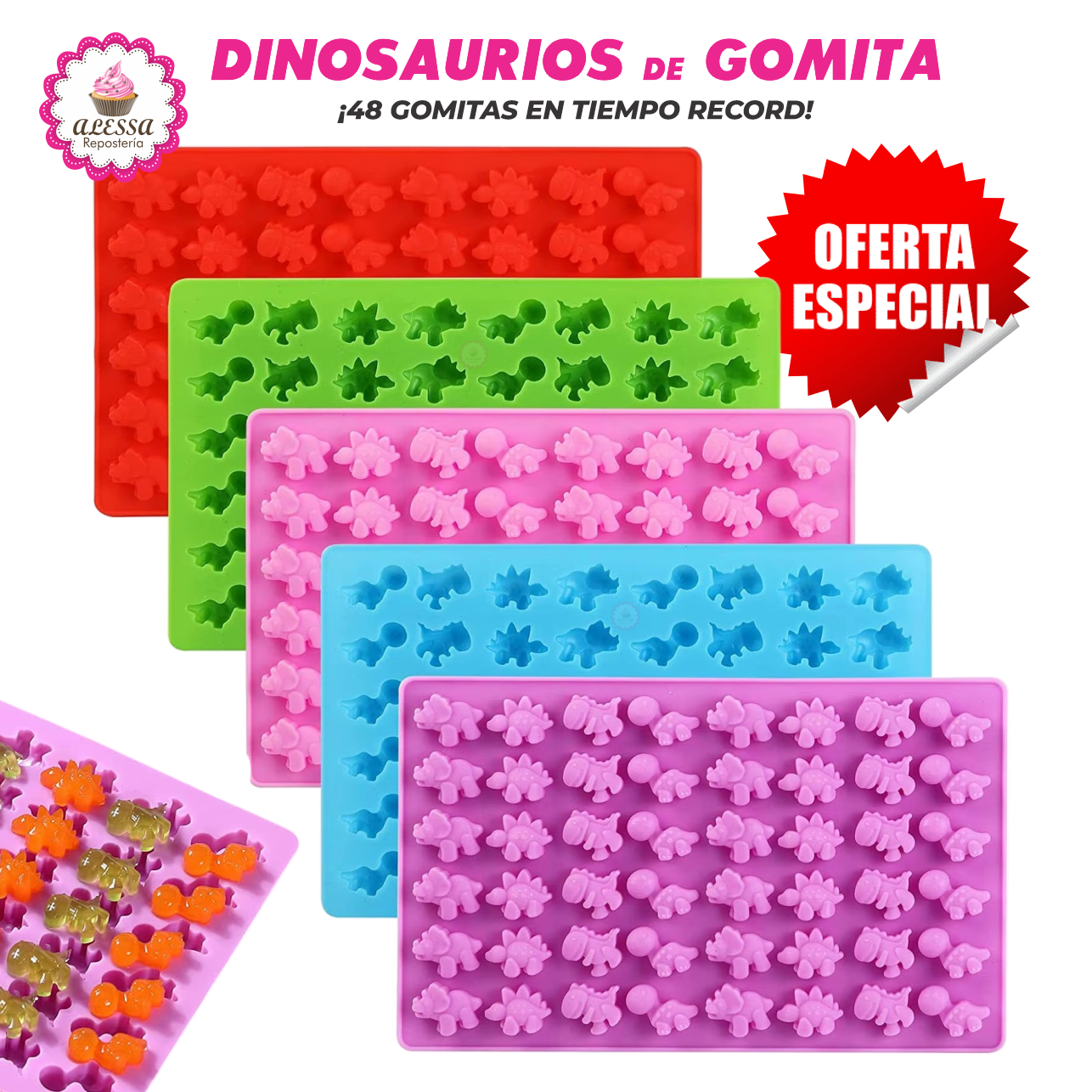MOLDE DE 48 GOMITAS DE DINOSAURIOS DE SILICONA PARA REPOSTERIA - 3