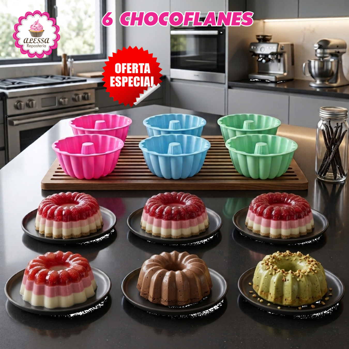 PACK DE 6 MOLDES DE CHOCOFLAN PERSONAL DE SILICONA PARA REPOSTERIA - 7