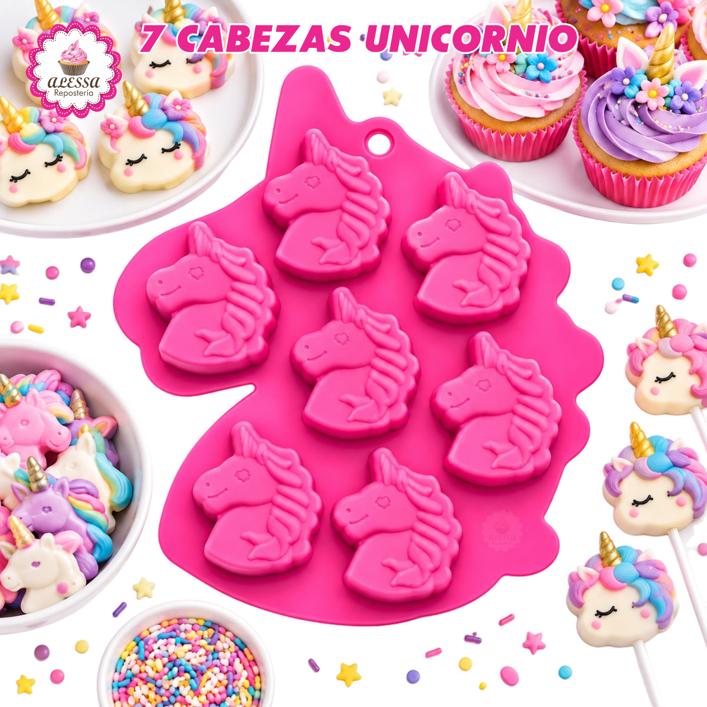 MOLDE DE 7 CABEZAS DE UNICORNIO DE SILICONA PARA REPOSTERIA - 1