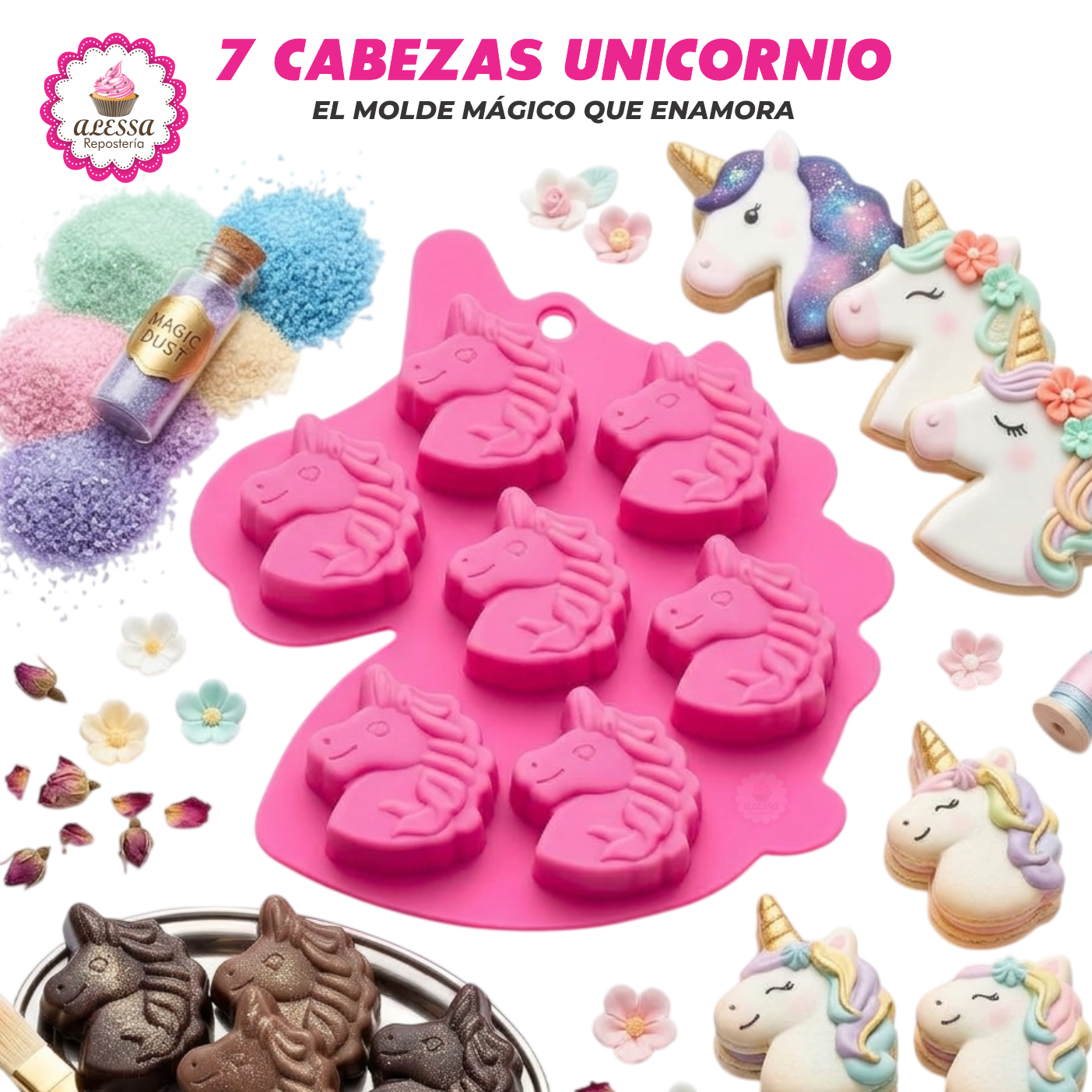 MOLDE DE 7 CABEZAS DE UNICORNIO DE SILICONA PARA REPOSTERIA - 3