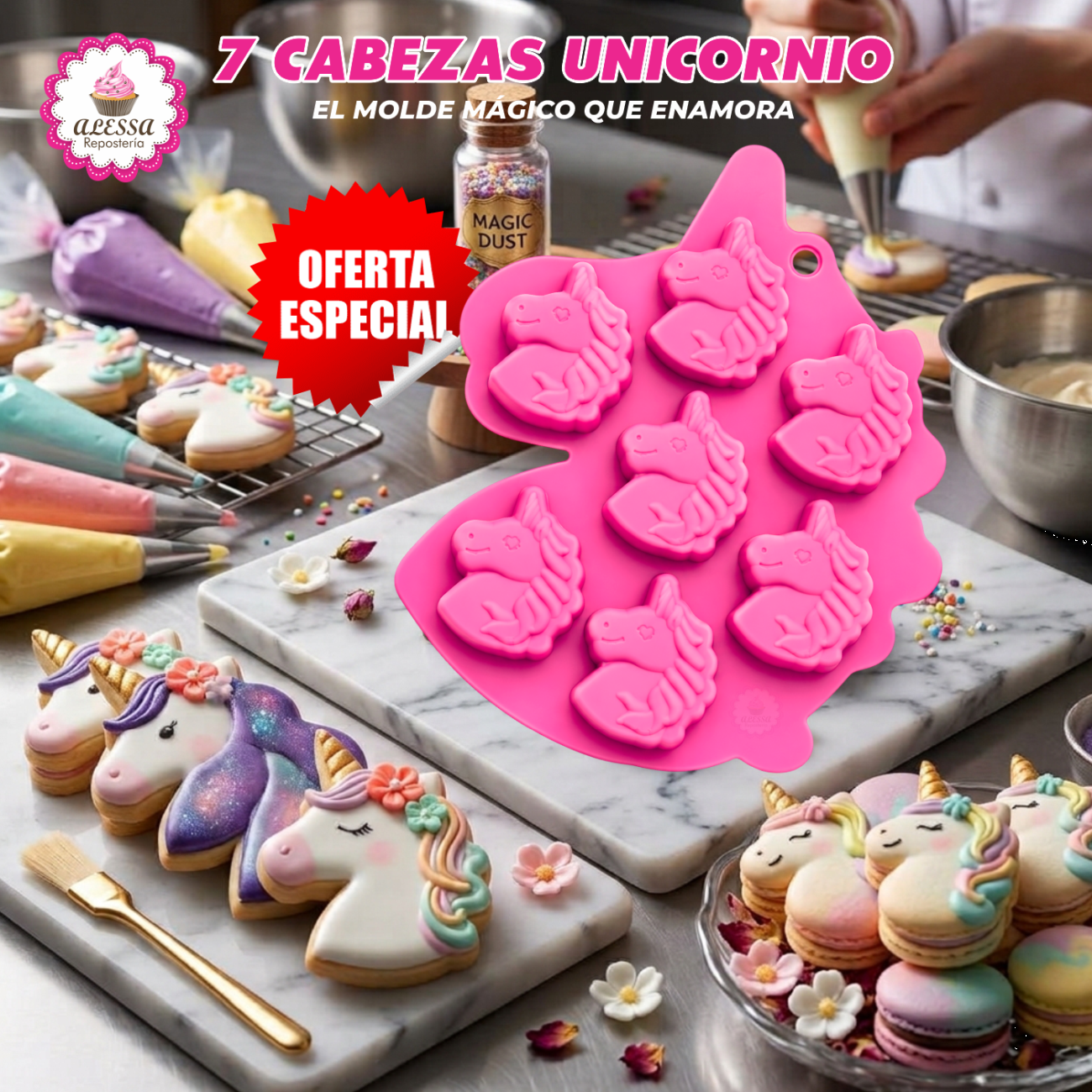 MOLDE DE 7 CABEZAS DE UNICORNIO DE SILICONA PARA REPOSTERIA - 5