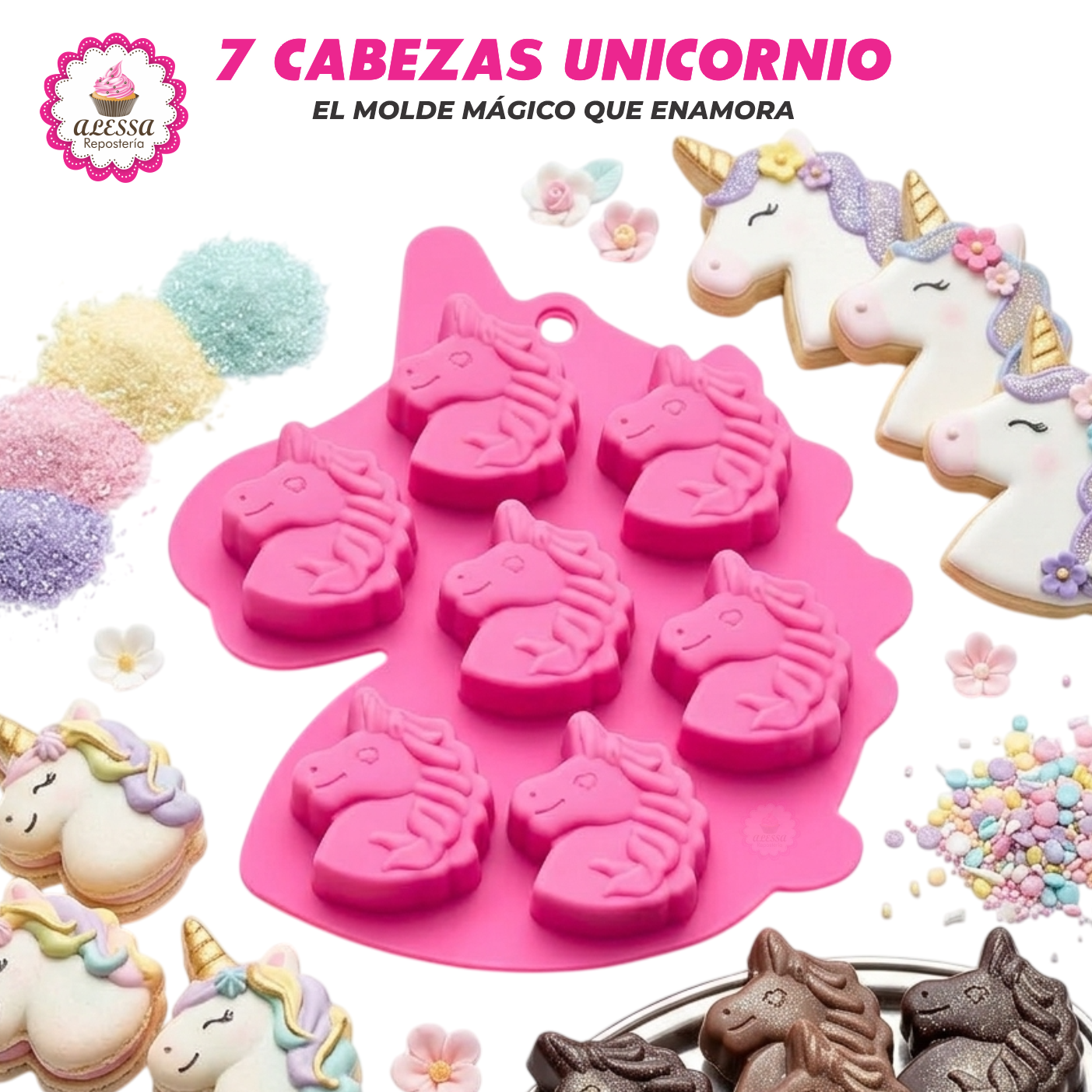 MOLDE DE 7 CABEZAS DE UNICORNIO DE SILICONA PARA REPOSTERIA - 6
