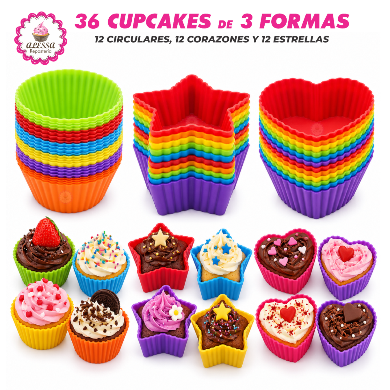 36 MOLDES DE CUPCAKE CIRCULAR, ESTRELLA Y CORAZON DE SILICONA ANTIADHERENTES Y REUTILIZABLES - 1