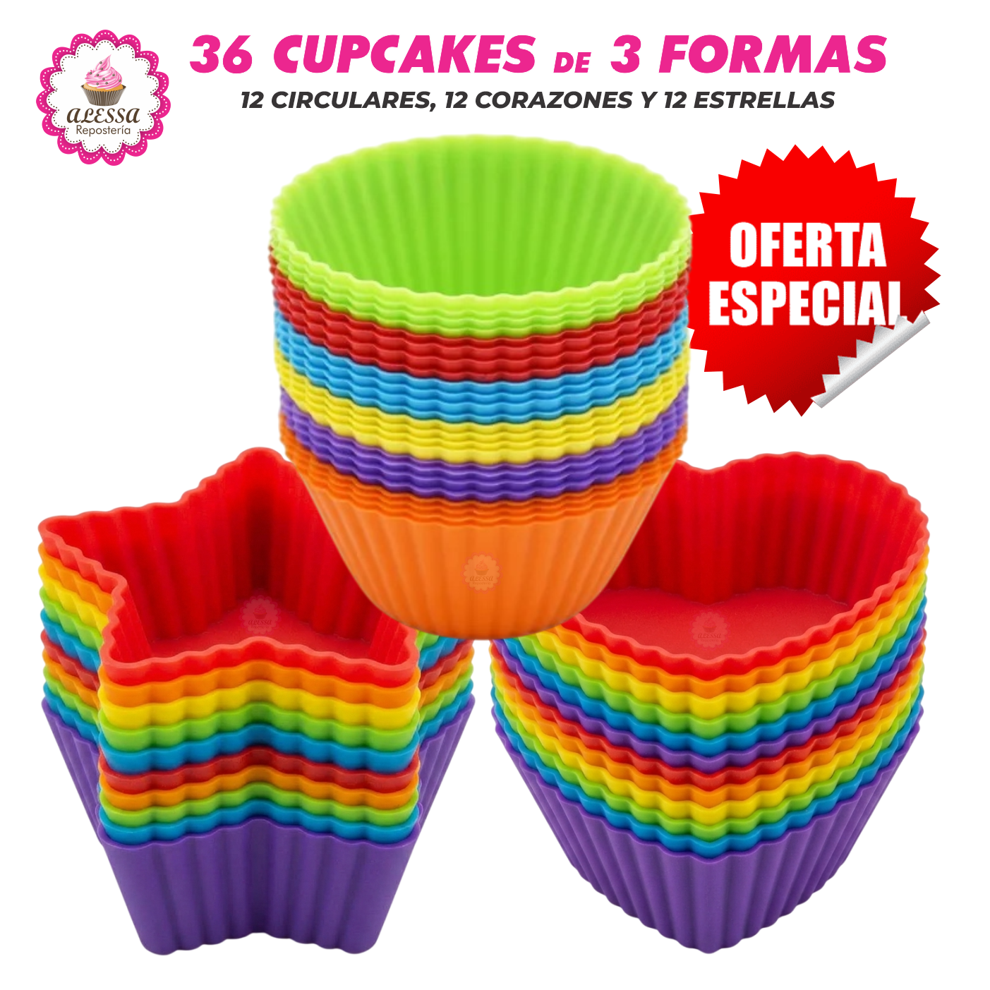 36 MOLDES DE CUPCAKE CIRCULAR, ESTRELLA Y CORAZON DE SILICONA ANTIADHERENTES Y REUTILIZABLES - 2